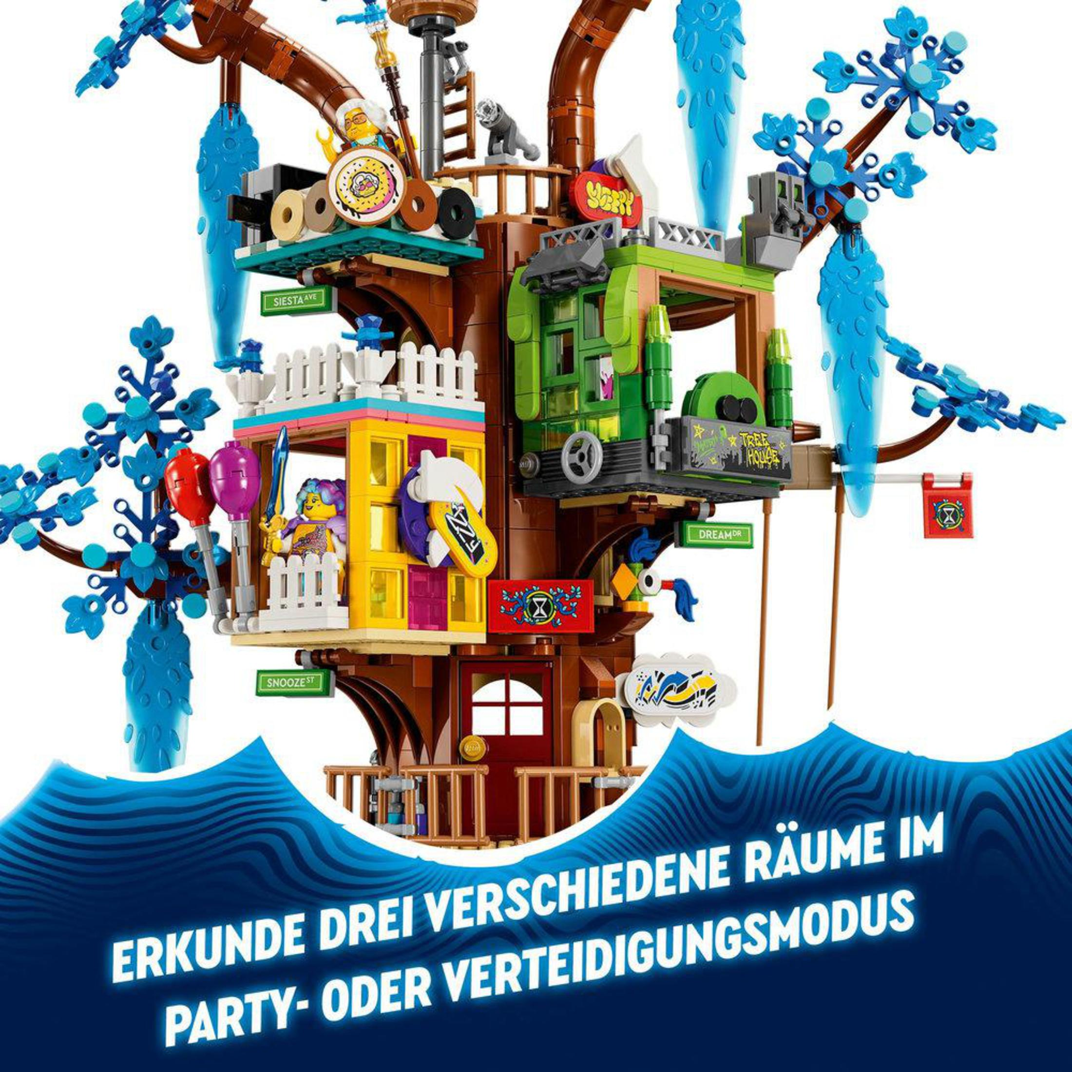 Mavi dalgalı bir arka plan ile çeşitli odaları ve tabelaları olan bir Lego ağaç evi.