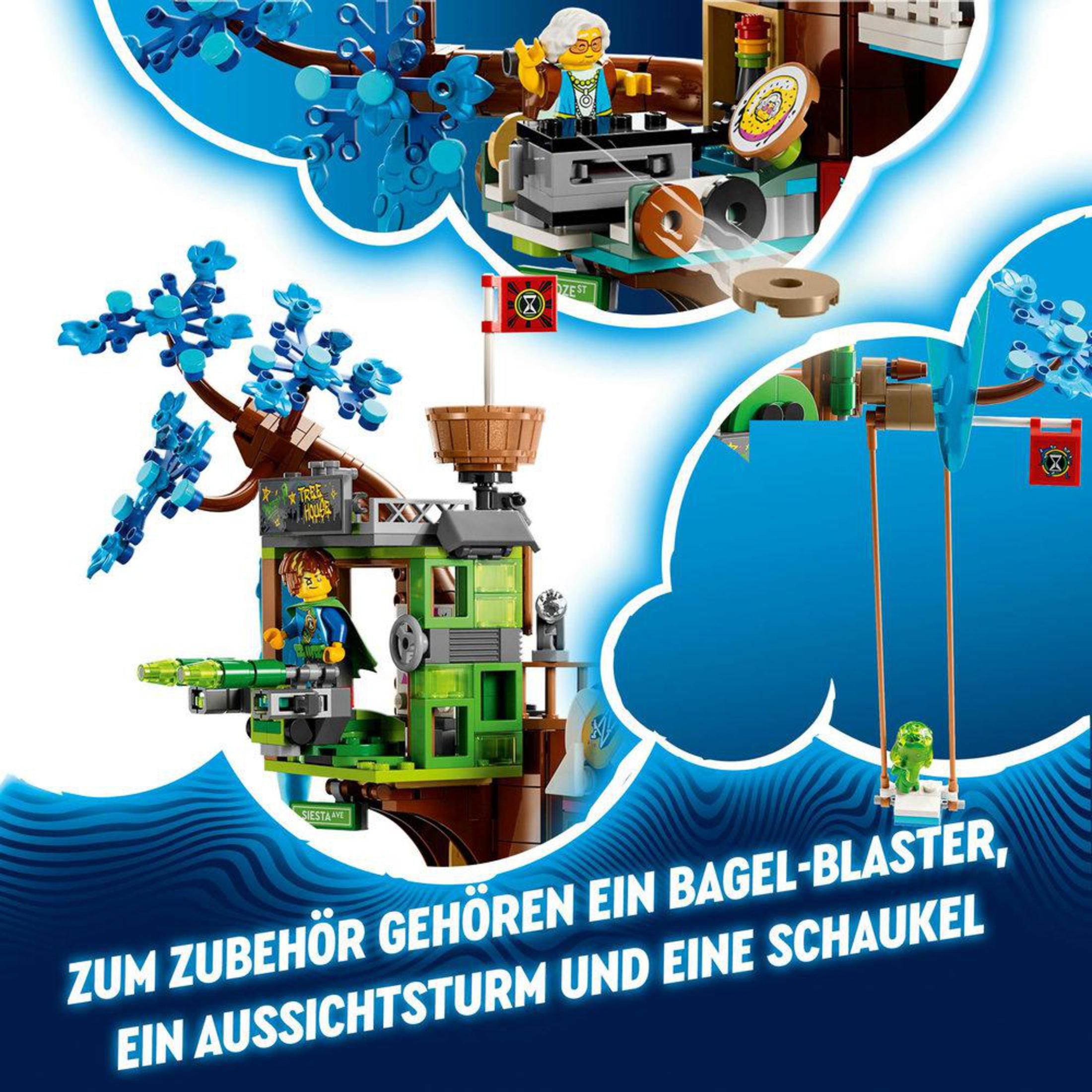 Figürler, bir salıncak ve Almanca metin içeren bir ağaç evinin Lego seti.