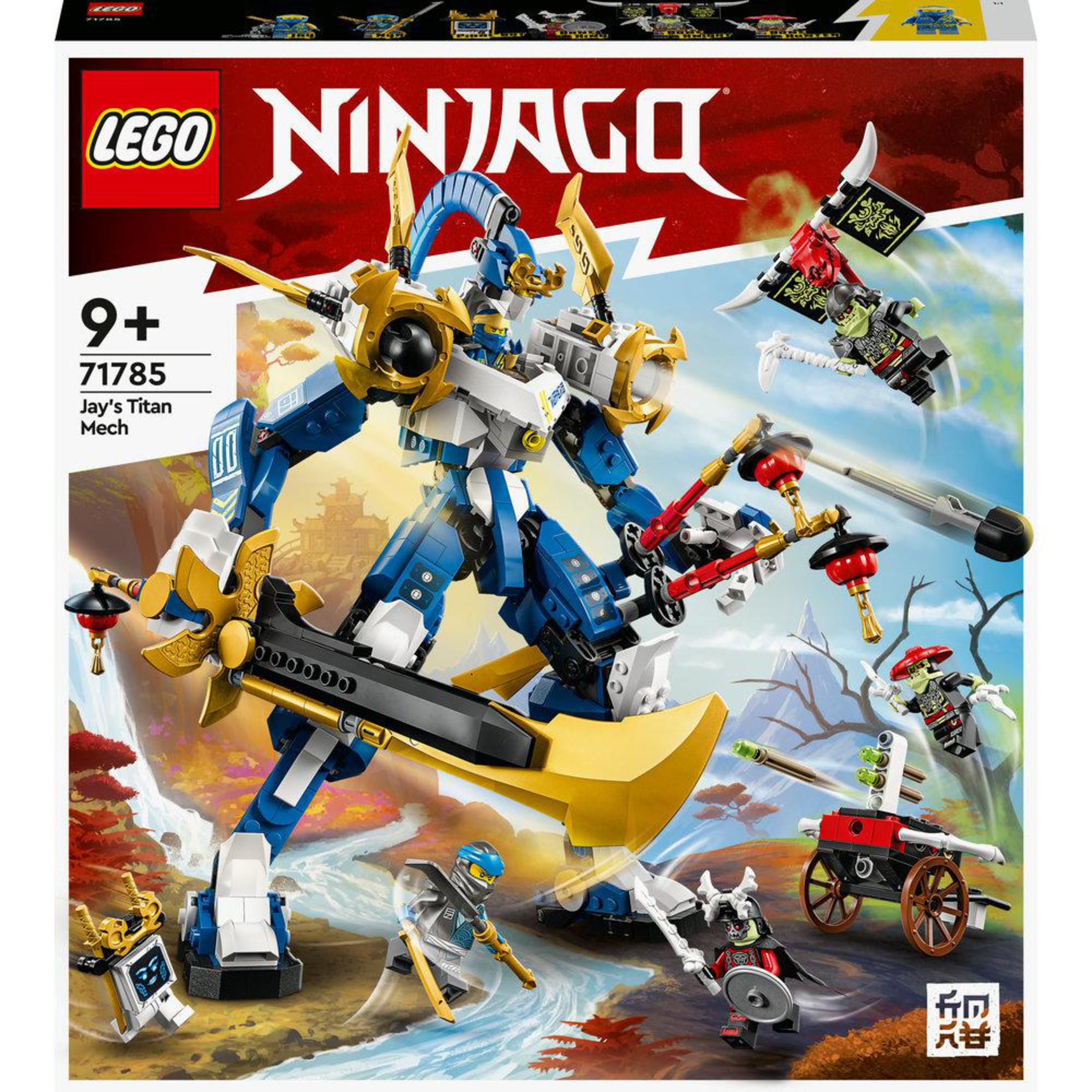Ein Lego Ninjago Set. Die Box zeigt einen großen blauen und goldenen Mech mit mehreren Minifiguren.