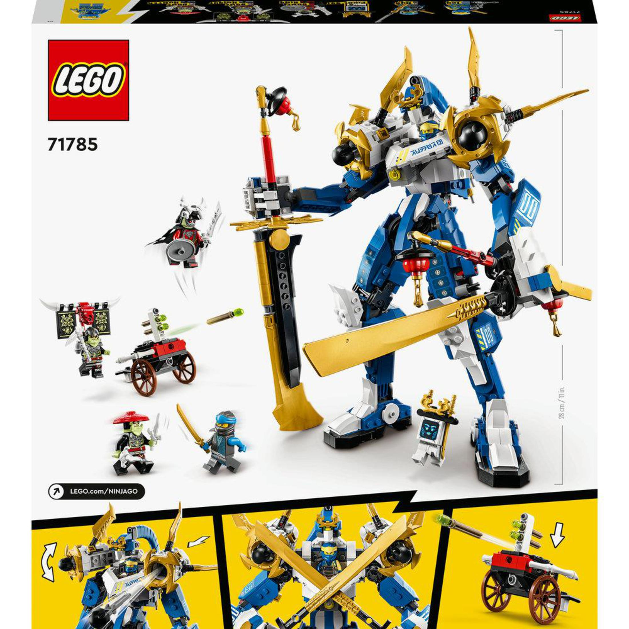 Eine LEGO Ninjago Set-Box zeigt den Mech und Minifiguren. Die Box ist überwiegend weiß und blau.