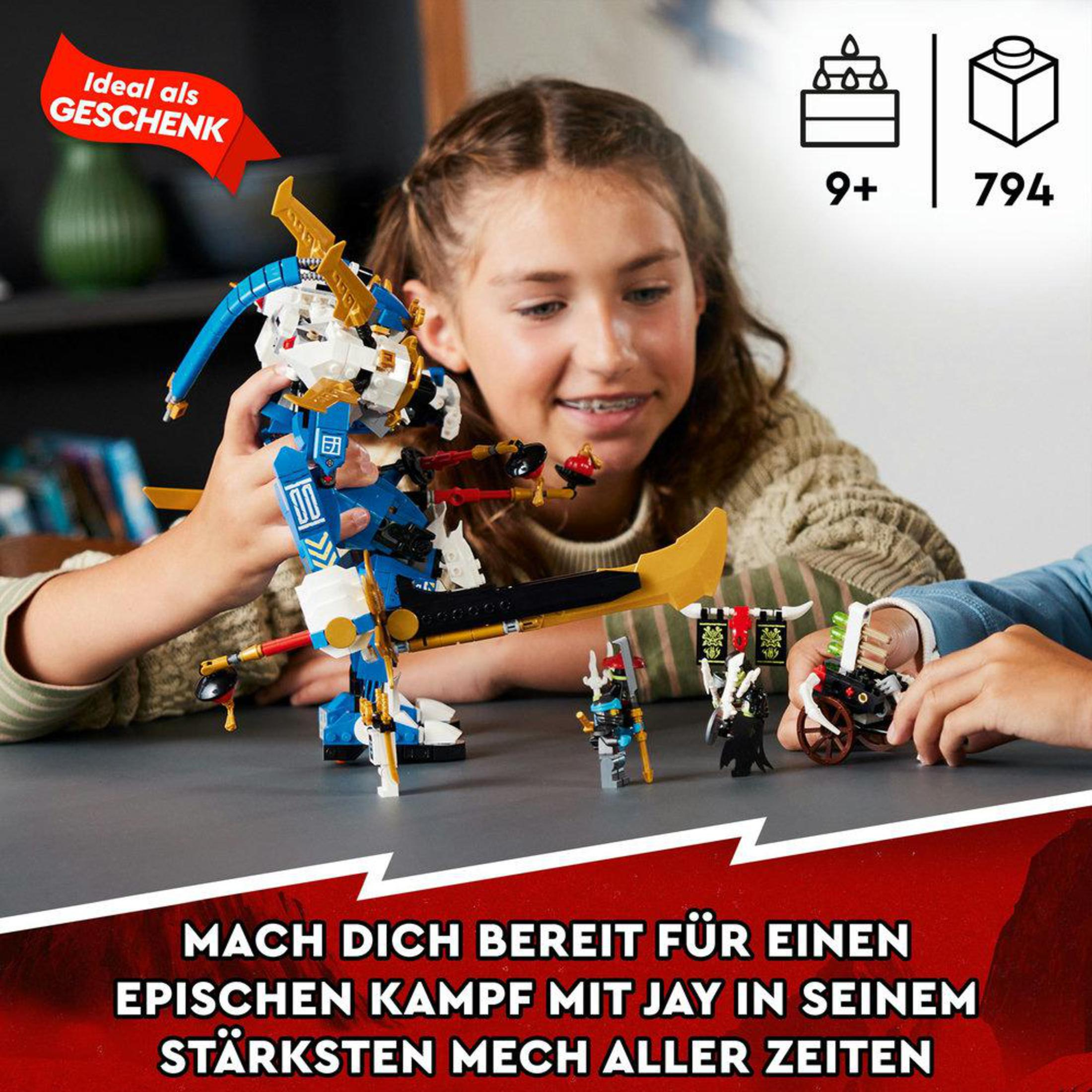 Zwei Kinder spielen mit Lego. Text sagt, bereite dich auf den Kampf mit Jays Mech vor.