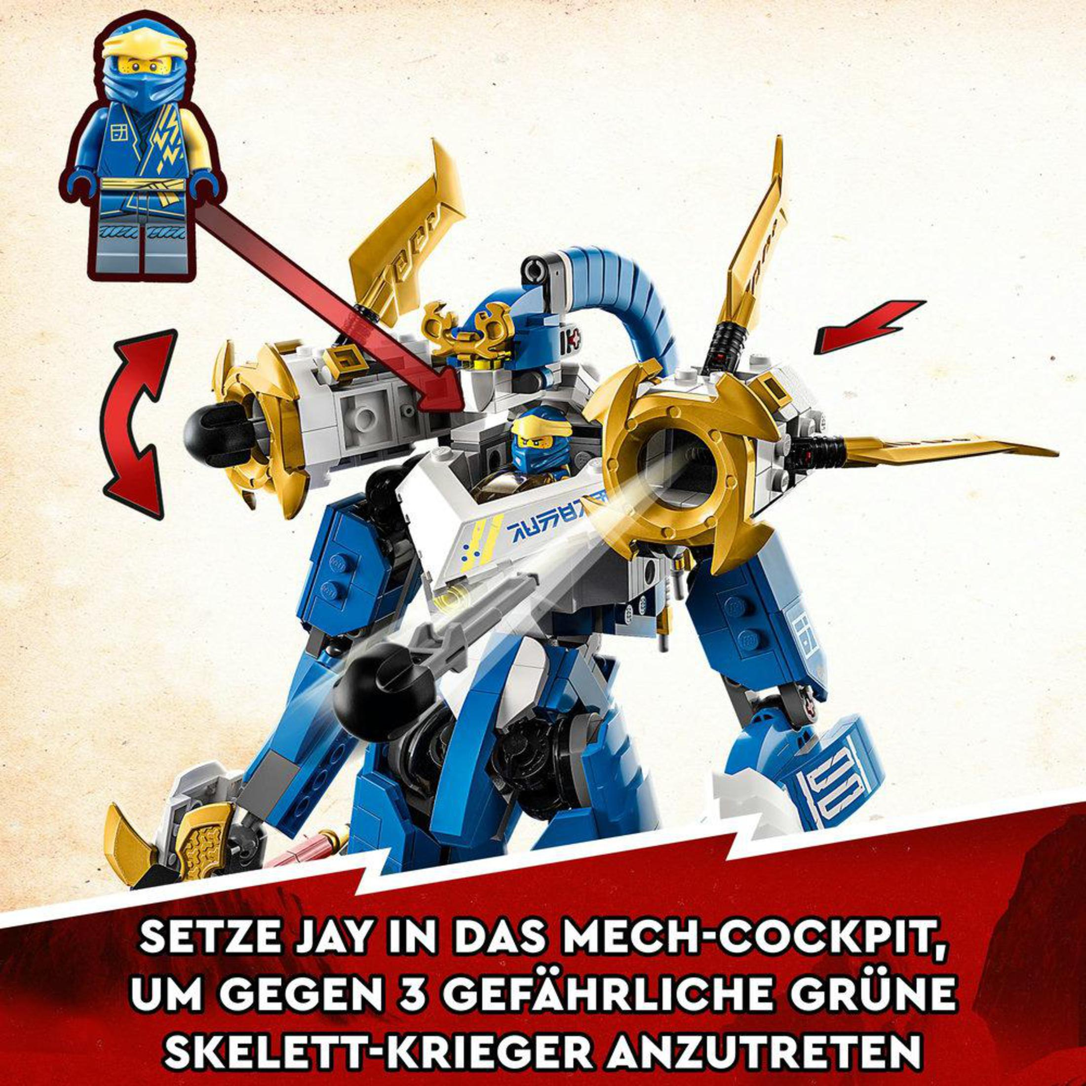 Ein Lego Ninjago Set mit blauem und goldenem Mech und einer Minifigur. Text auf Deutsch erklärt den Zweck.