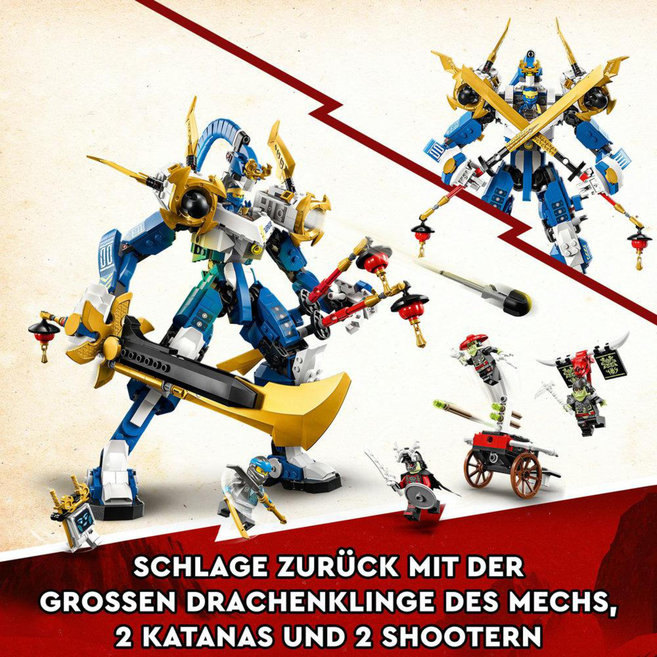 LEGO Ninjago Set mit mehreren Figuren und einem großen Mech mit goldenem Schwert.
