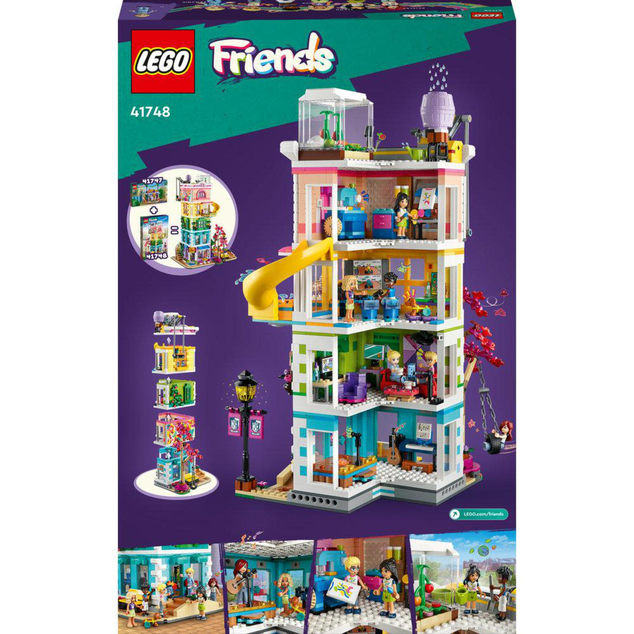 Pudełko LEGO Friends przedstawiające wielopiętrowy budynek z figurkami i akcesoriami.