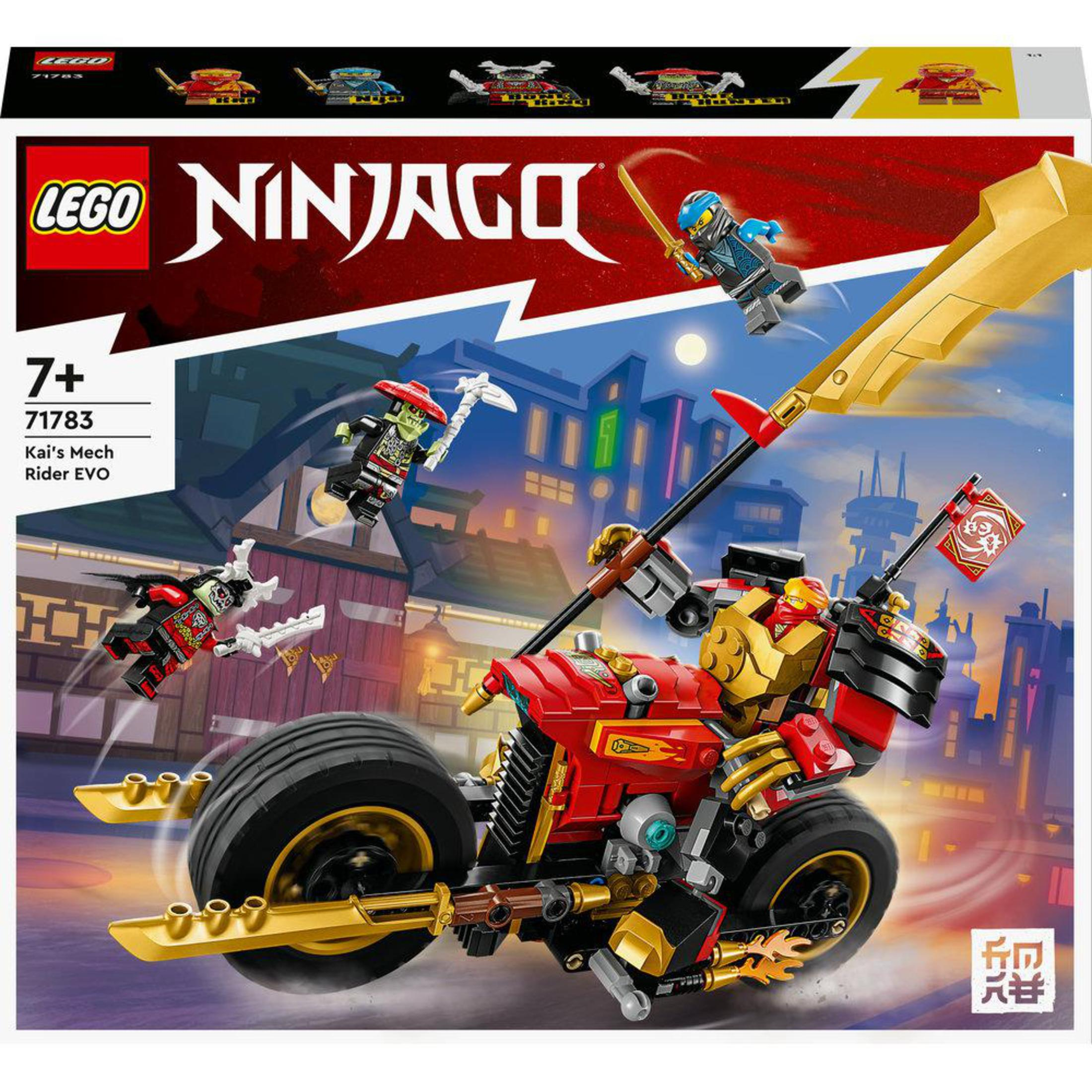 Lego Ninjago setdoos. Toont een rode mech-rijder met vechtende ninja's en een nachtelijke stadsachtergrond.