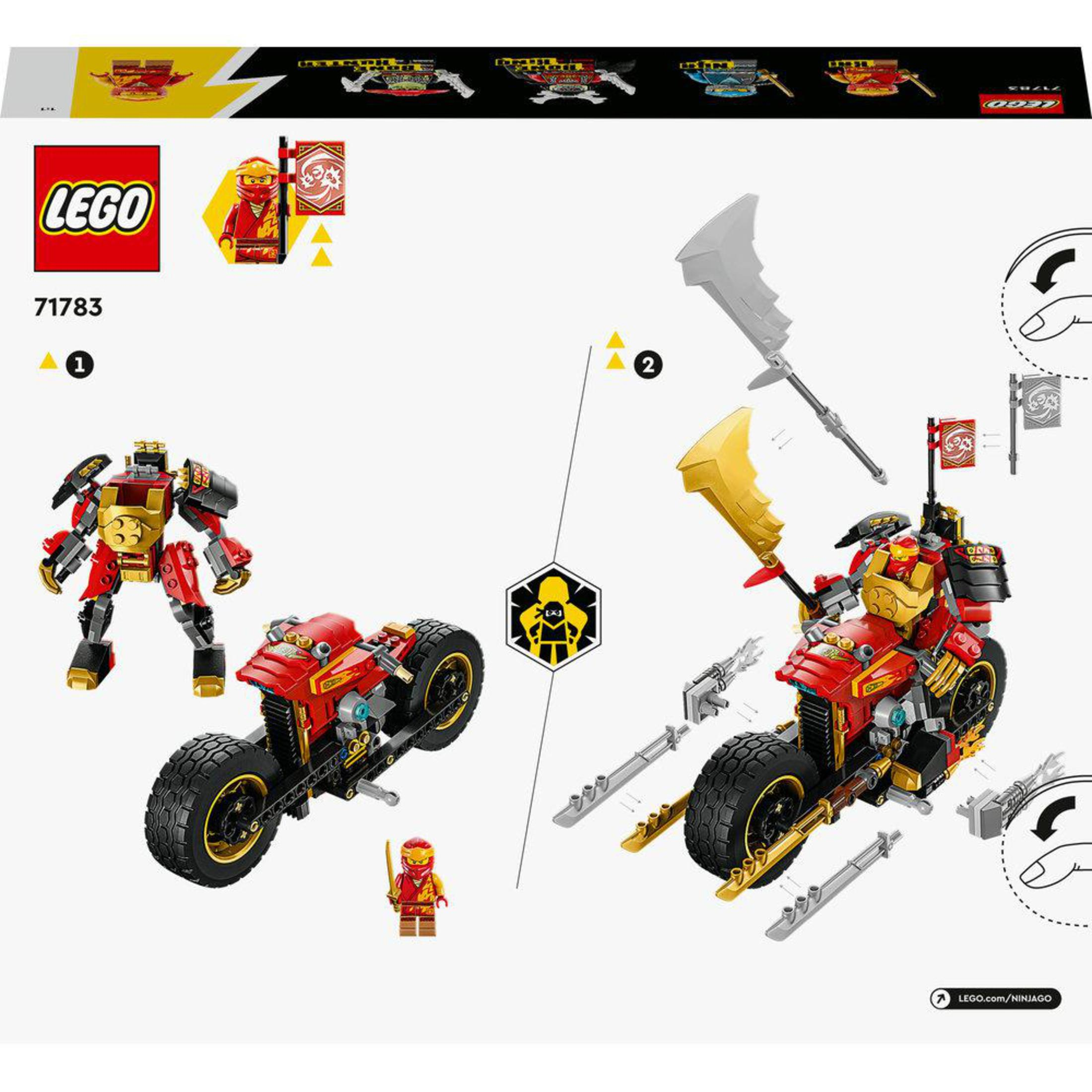 LEGO Ninjago setdoos met een ninja figuur, een rode motor en bouwinstructies.