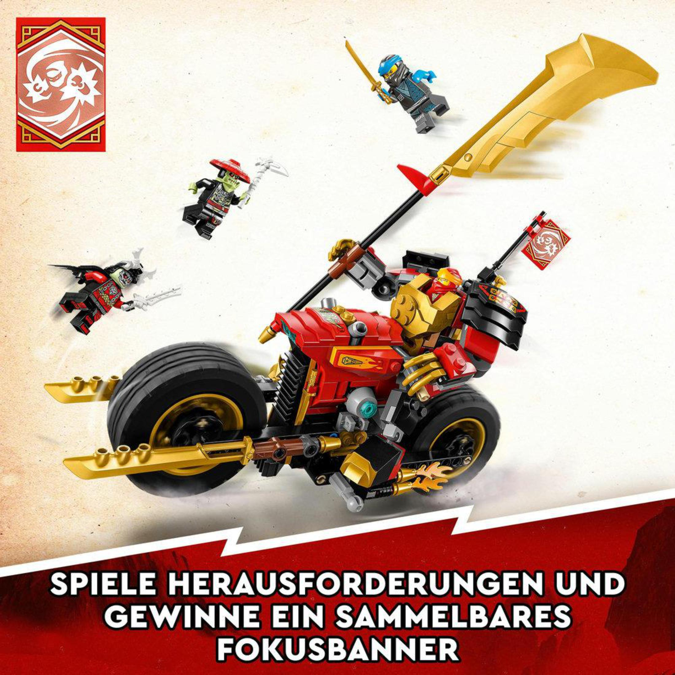 Een rood en goudkleurige motorfiets speelgoed met ninja figuren en een groot gouden wapen.