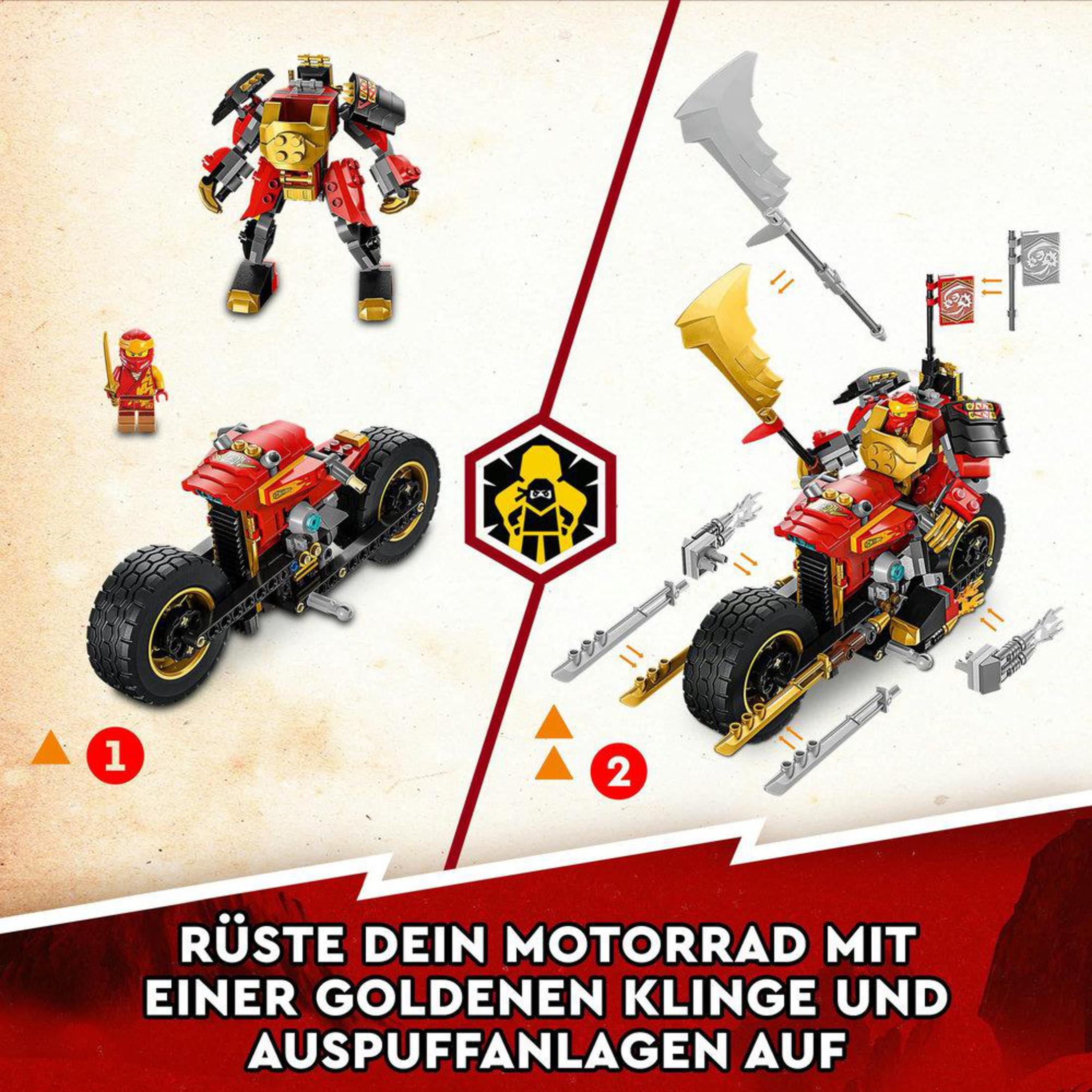 Lego Ninjago set met twee speelgoedmotoren, robot en Lego figuren, met tekst eronder.