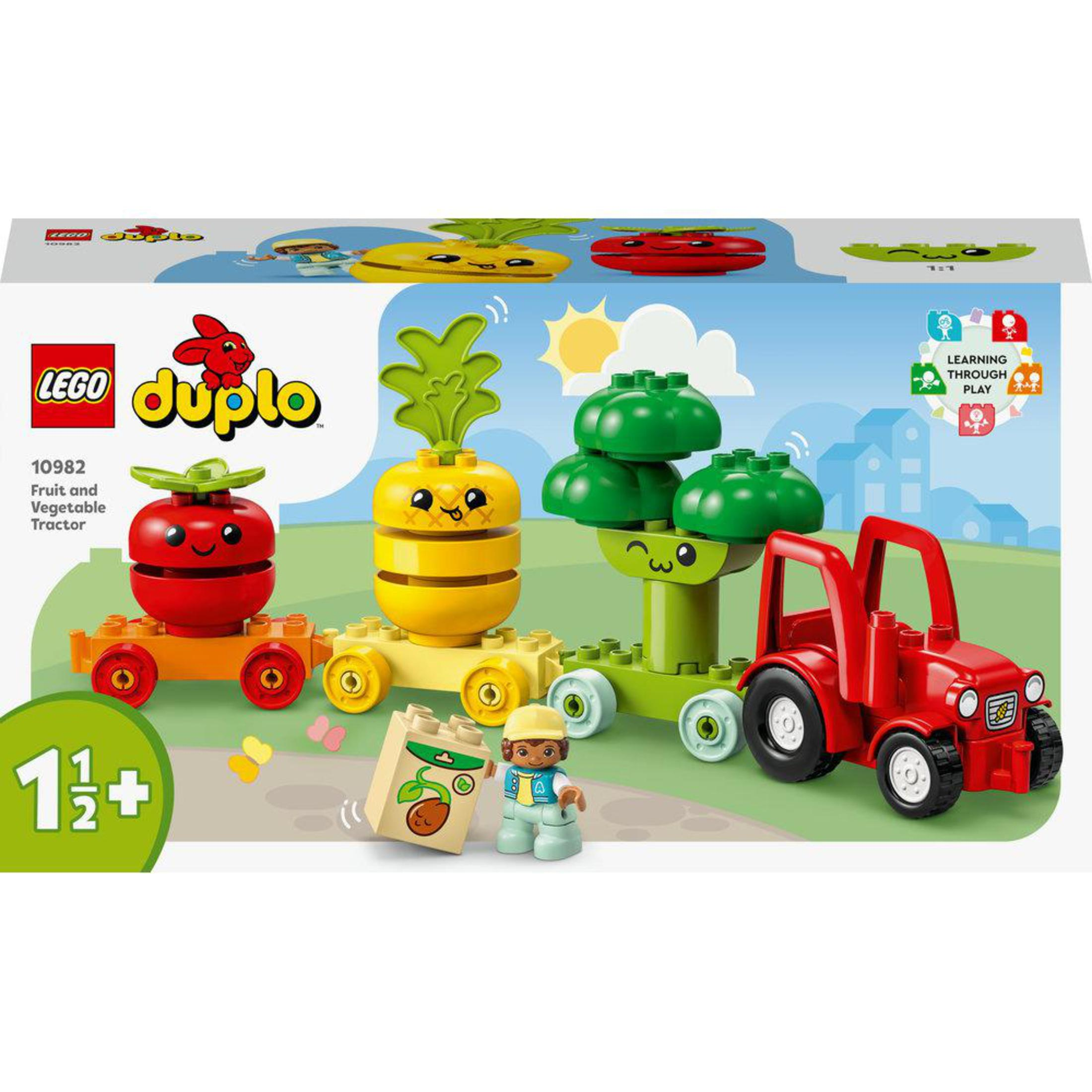 Set Lego Duplo con verdure e un trattore rosso.
