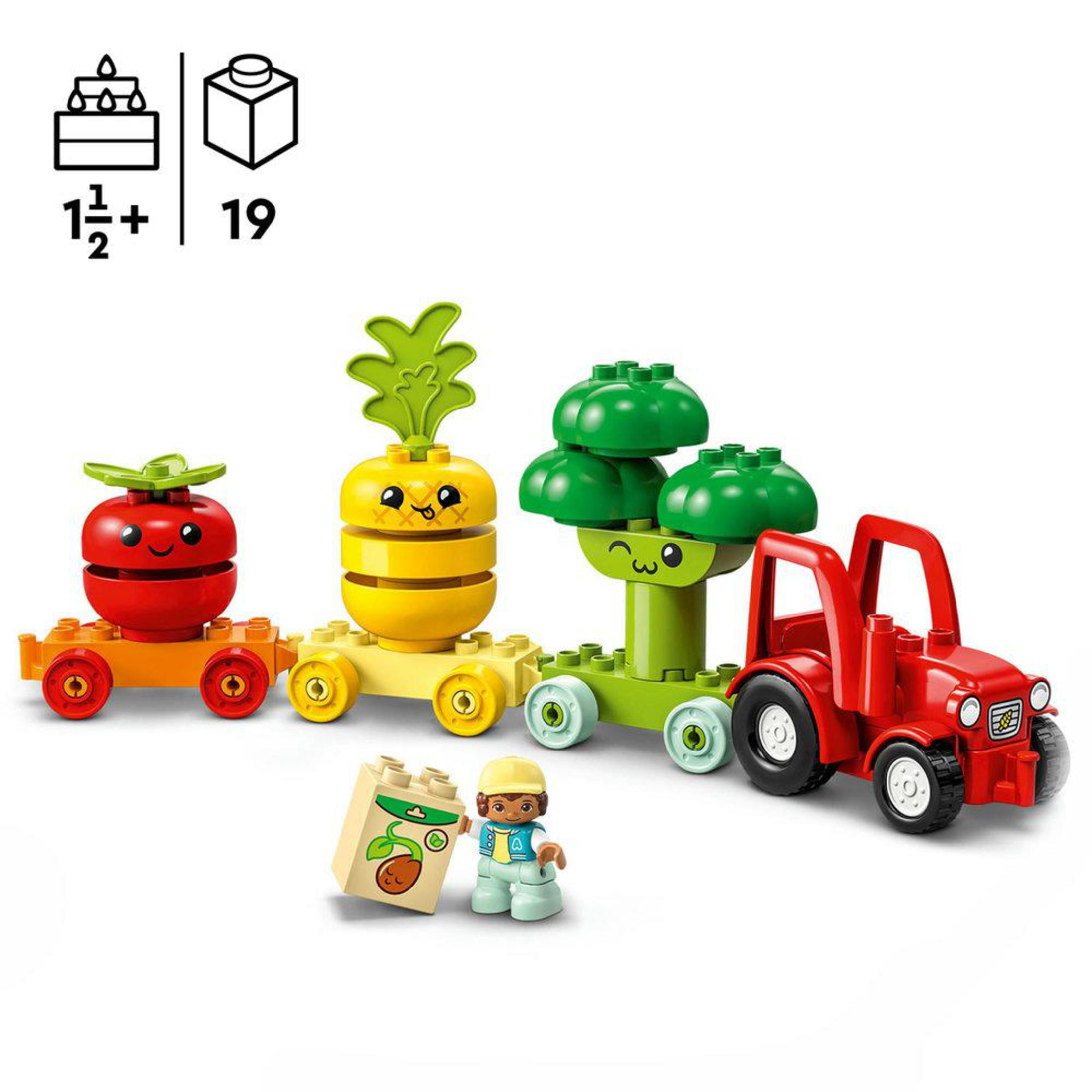 Set Lego Duplo con trattore, verdure e personaggio dell'agricoltore.