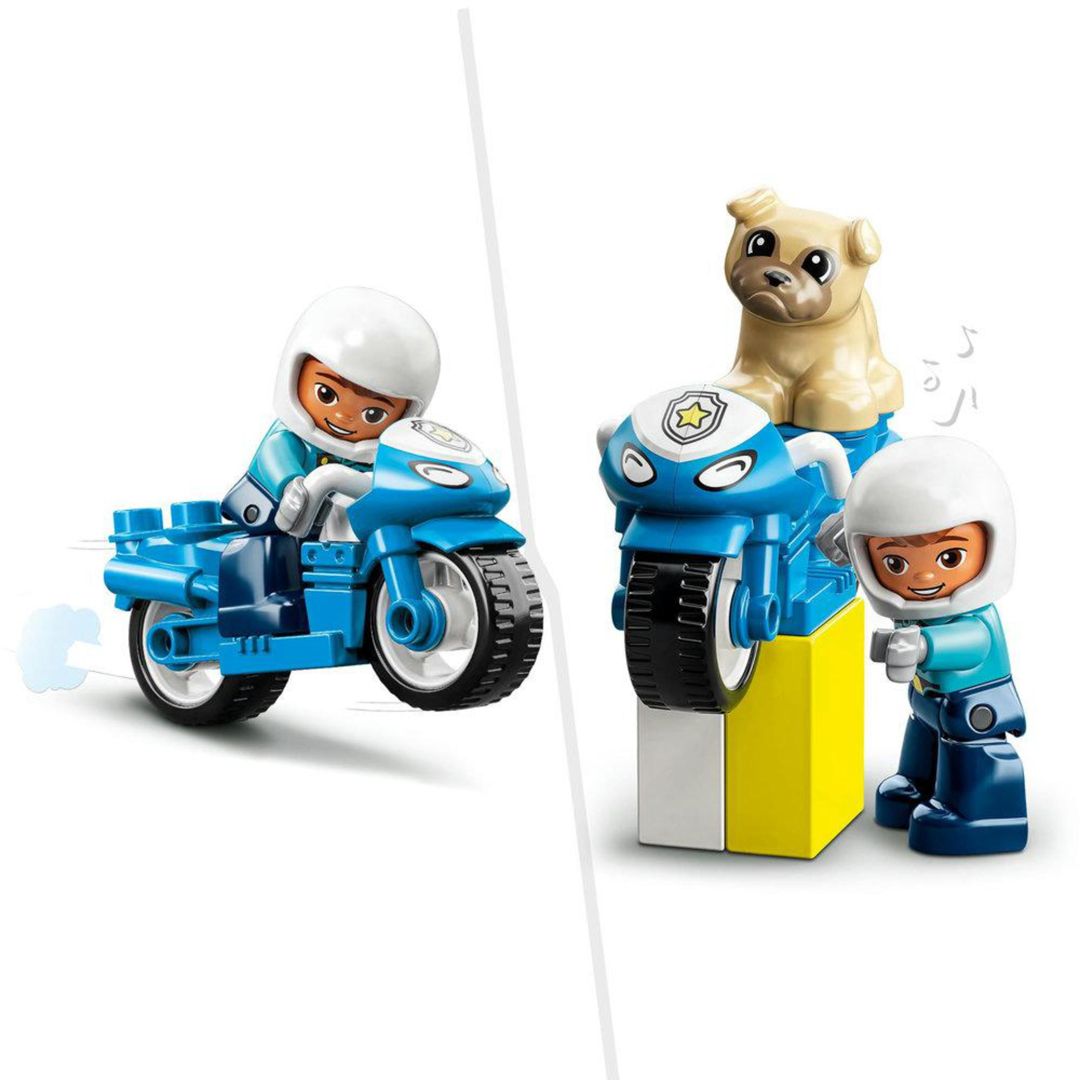 LEGO Duplo set met twee politiemotoren, een politieagent en een hond.
