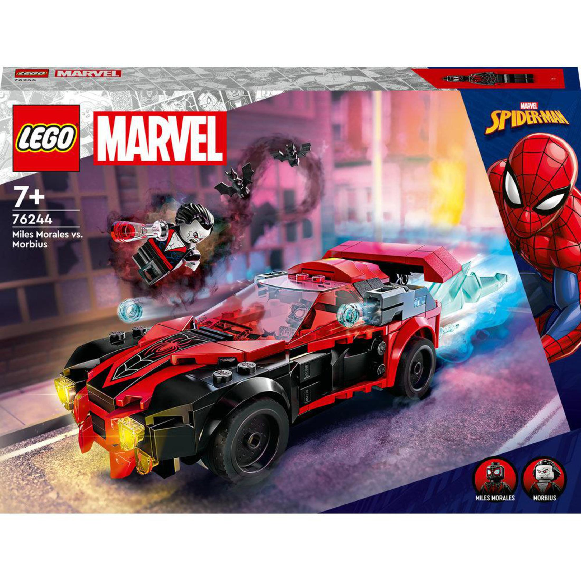 Ein Lego Marvel-Set. Es zeigt ein Auto und zwei Lego-Figuren von Spiderman und Morbius.