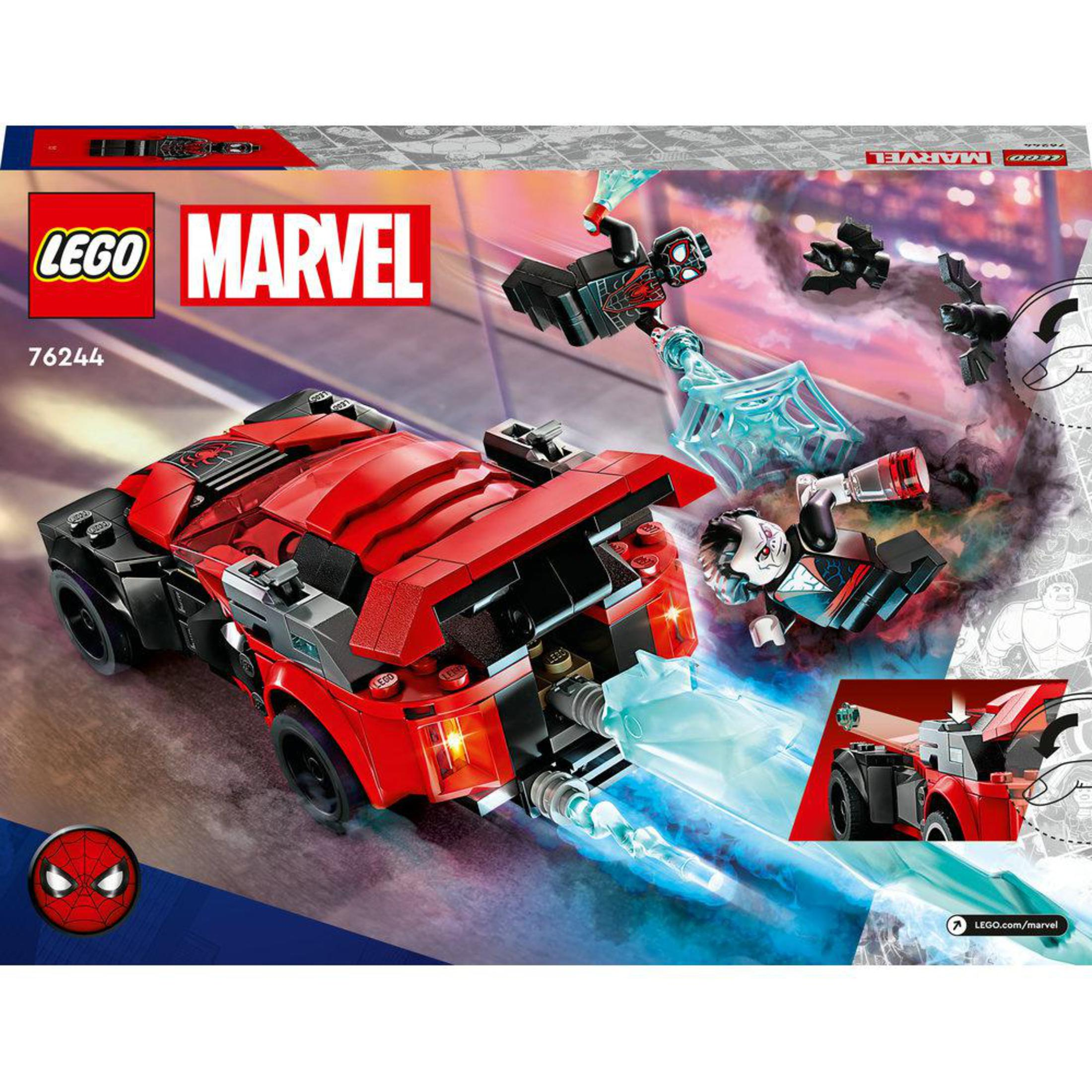 Lego Marvel Set-Box. Rotes Auto mit Figuren und einer Hintergrundszene.