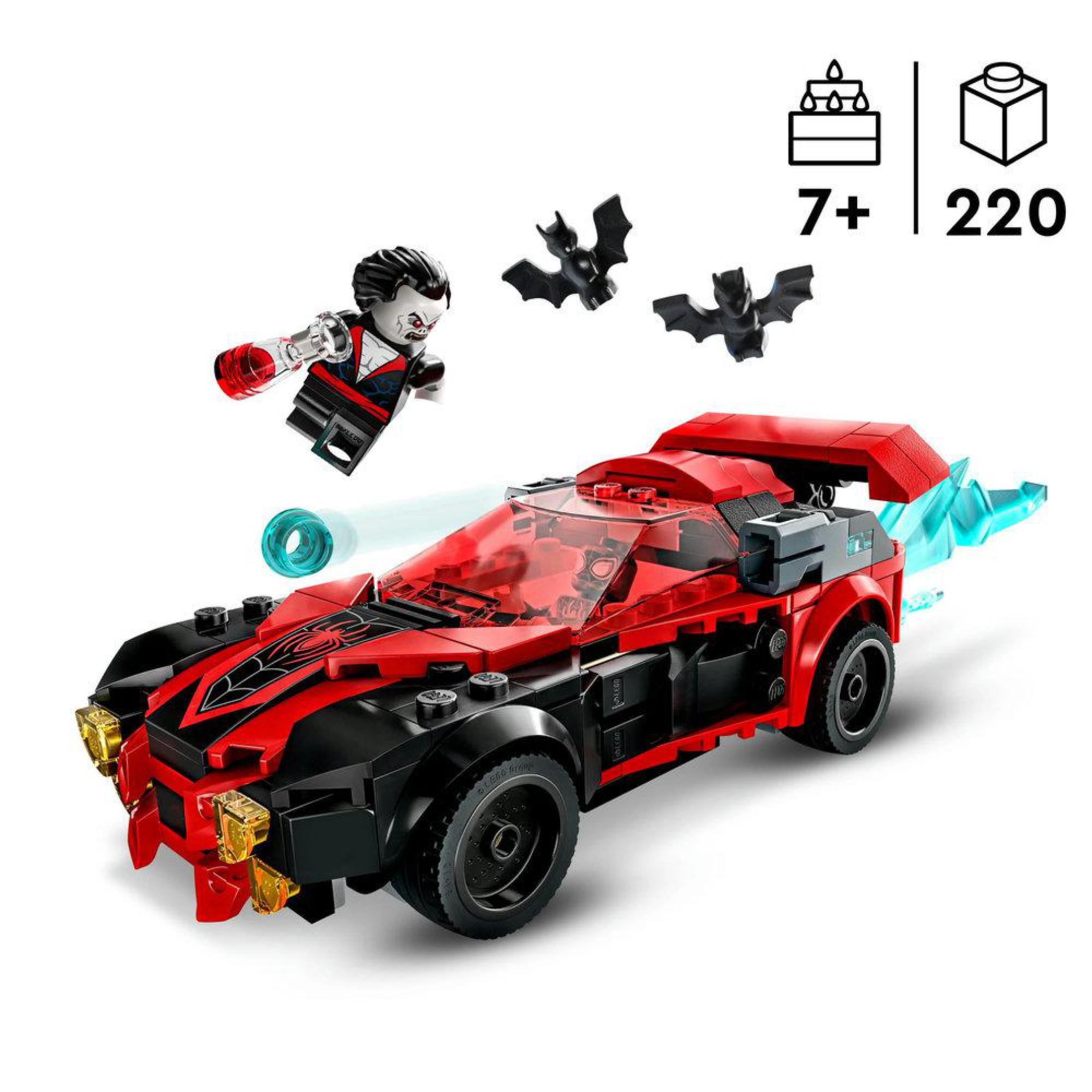 Lego-Set: rotes und schwarzes Auto mit Vampir-Minifigur und zwei Fledermäusen. Das Set ist für Kinder ab 7 Jahren.