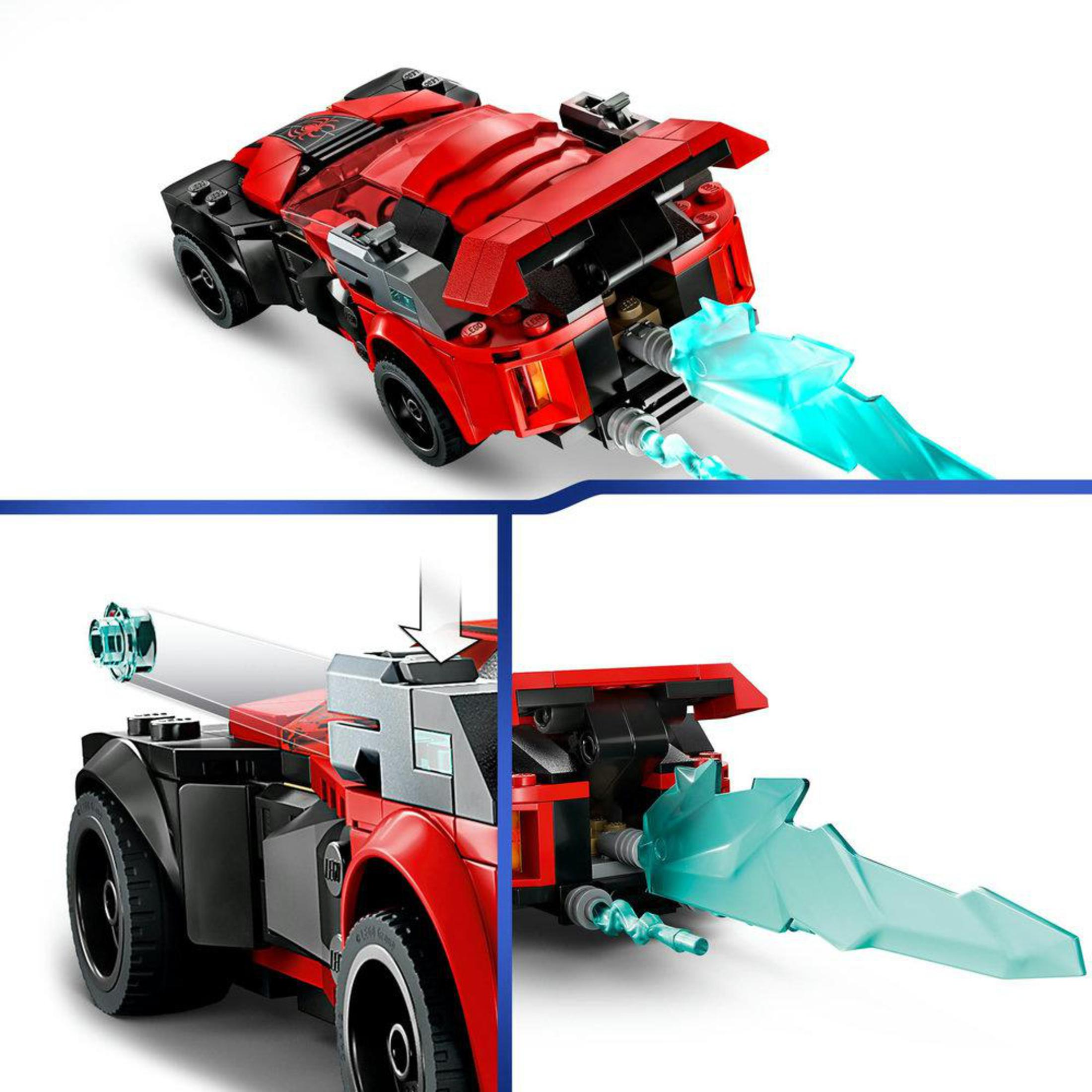 Ein rotes LEGO-Auto mit schwarzen Details und blauem, transparentem Blitz. Es gibt mehrere Ansichten.