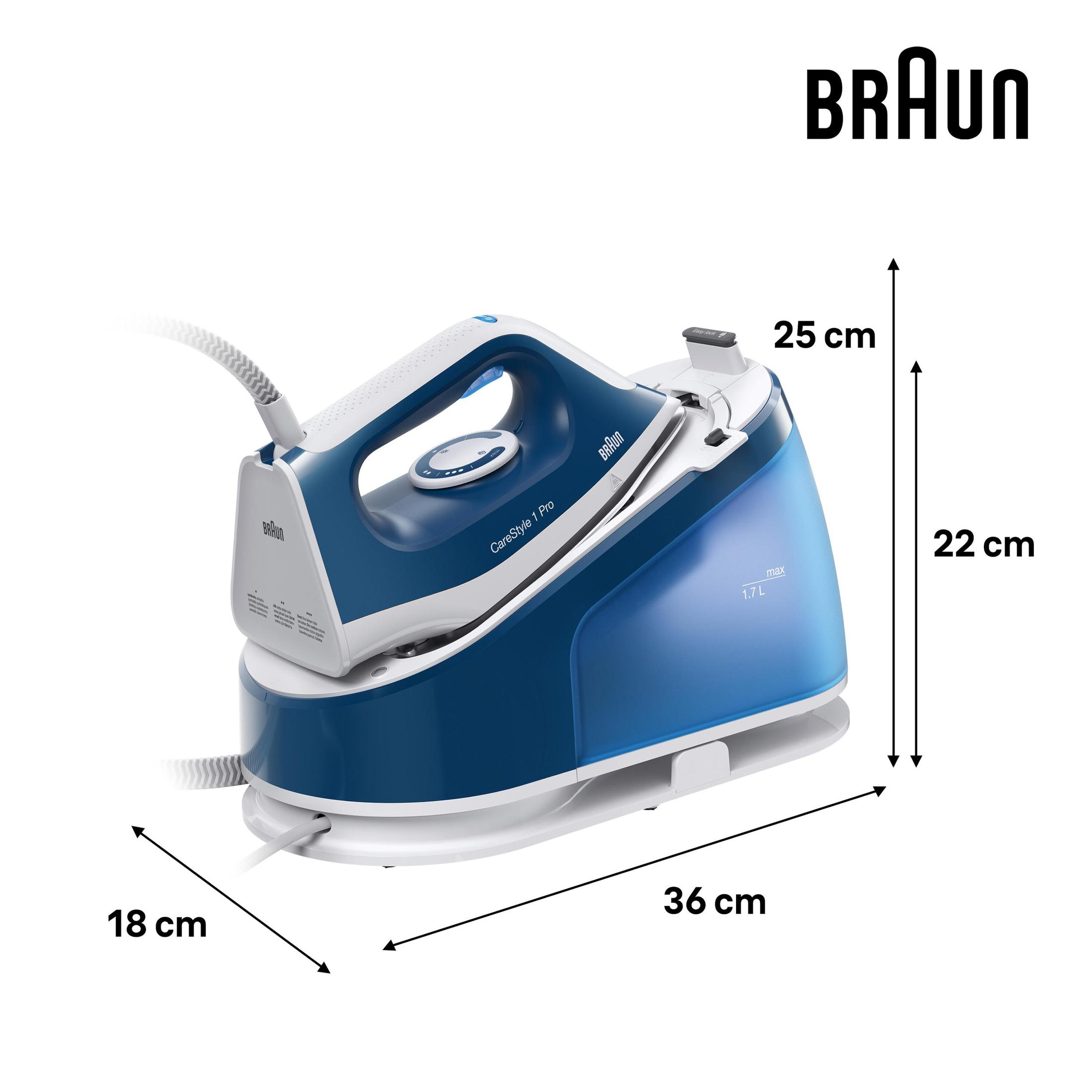 Braun CareStyle 1 Pro iron. Blue and white with dimensions labeled on a white background.