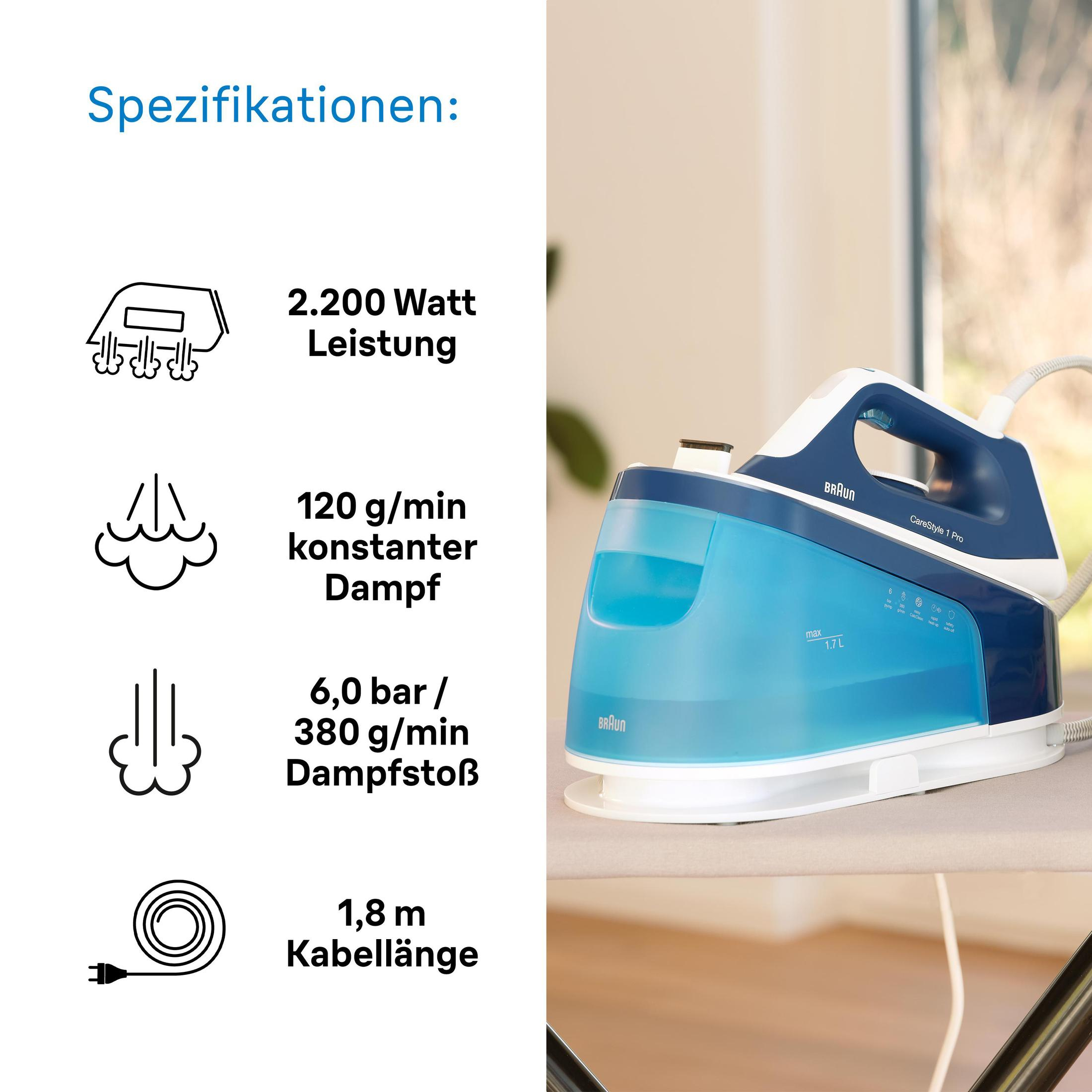 A blue and white steam iron with specifications: wattage, steam output, and cable length.