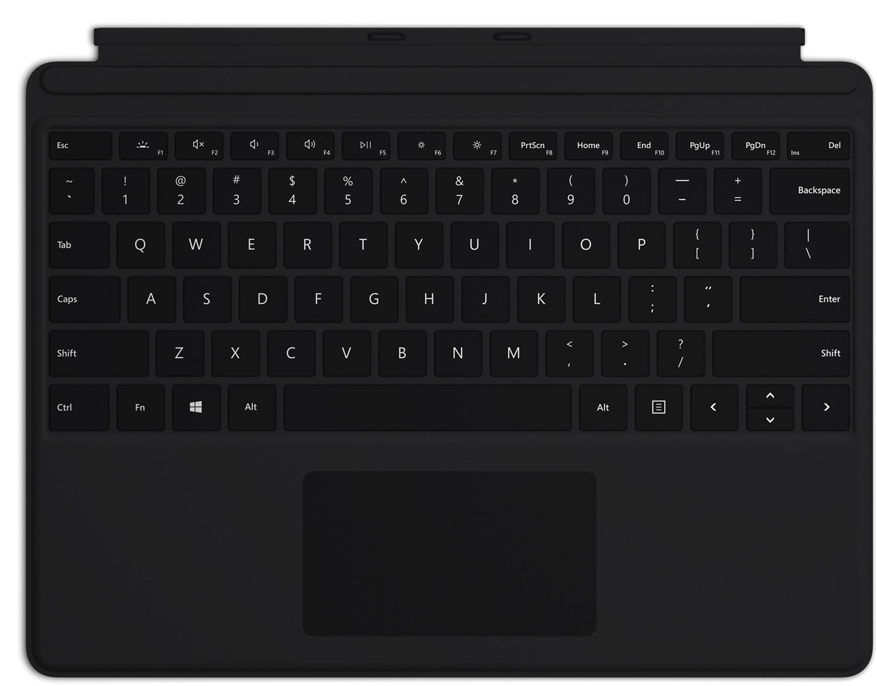 Viene visualizzata una tastiera nera con un trackpad, con layout QWERTY standard e tasti funzione.