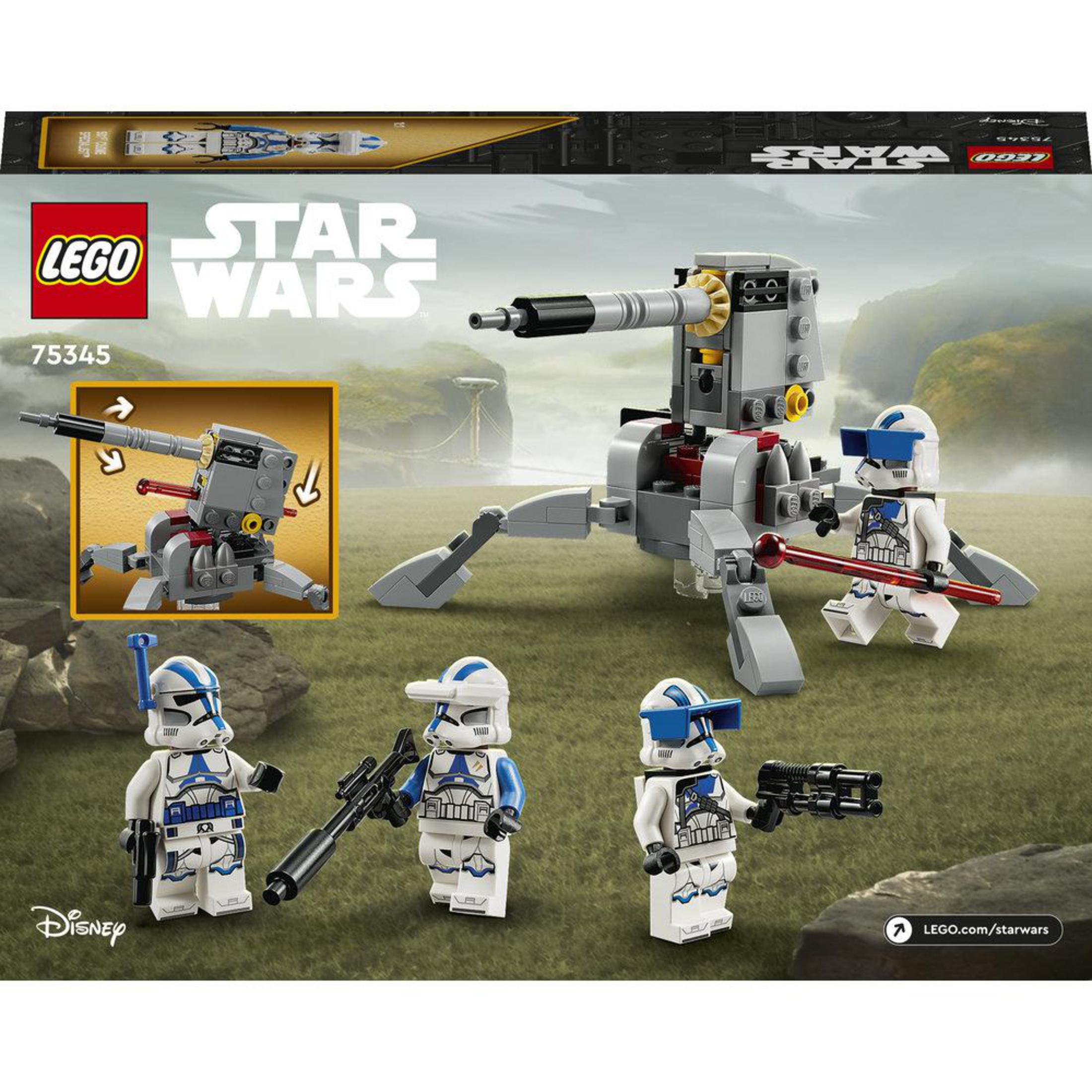 LEGO Star Wars Set mit Figuren und Kanone vor Schlachtfeldhintergrund.