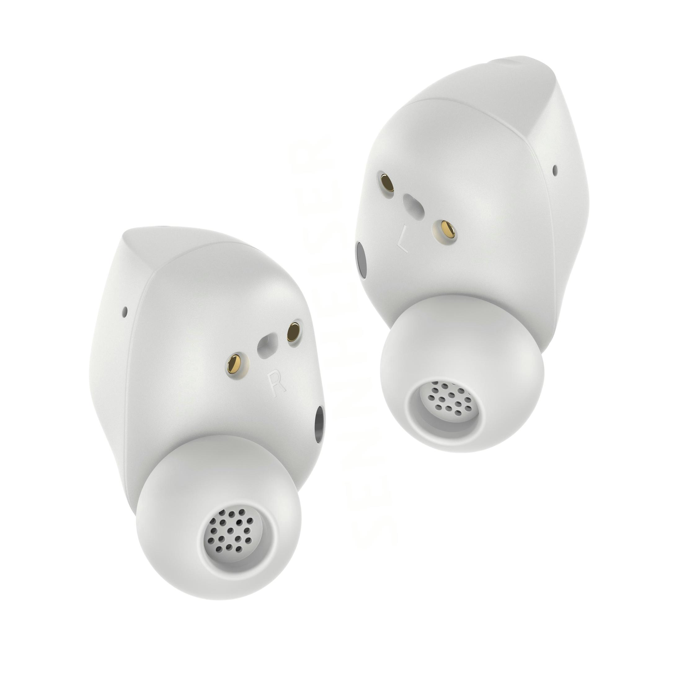 Dos auriculares inalámbricos blancos, ligeramente inclinados, marcados con 'L' y 'R'.