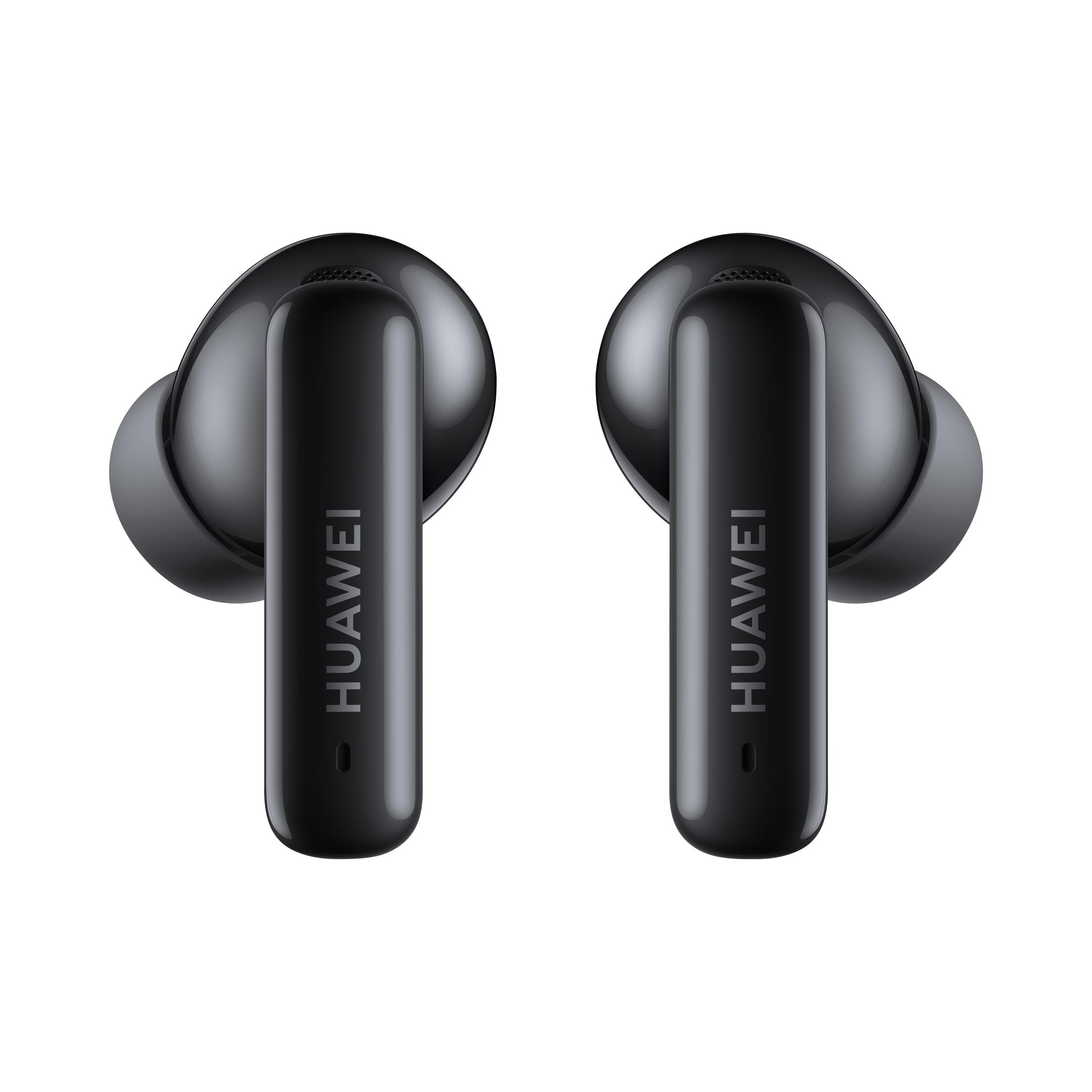 Dos auriculares inalámbricos negros, que muestran el logotipo de HUAWEI en la parte frontal.