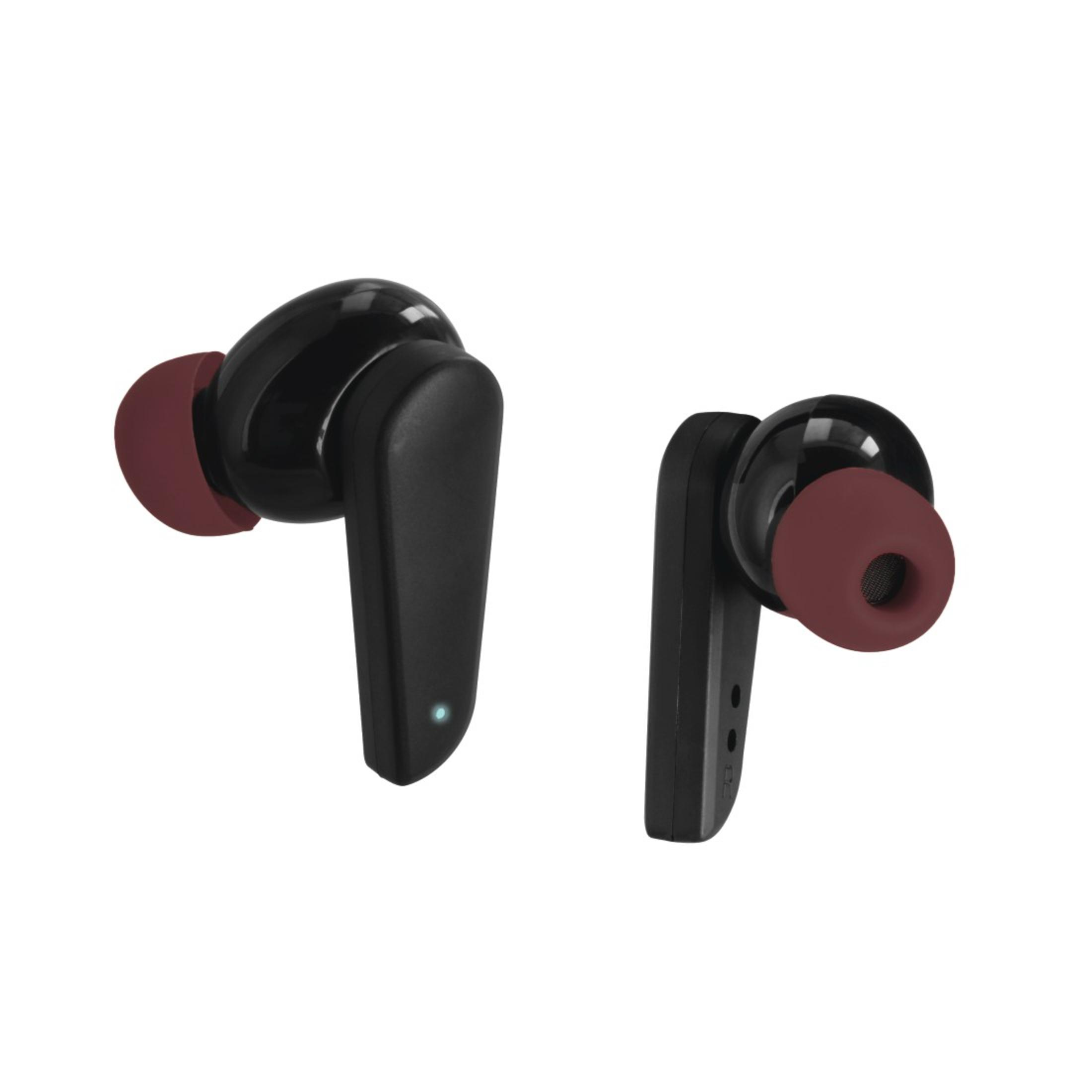 Due auricolari wireless neri con punte rosse su sfondo bianco.