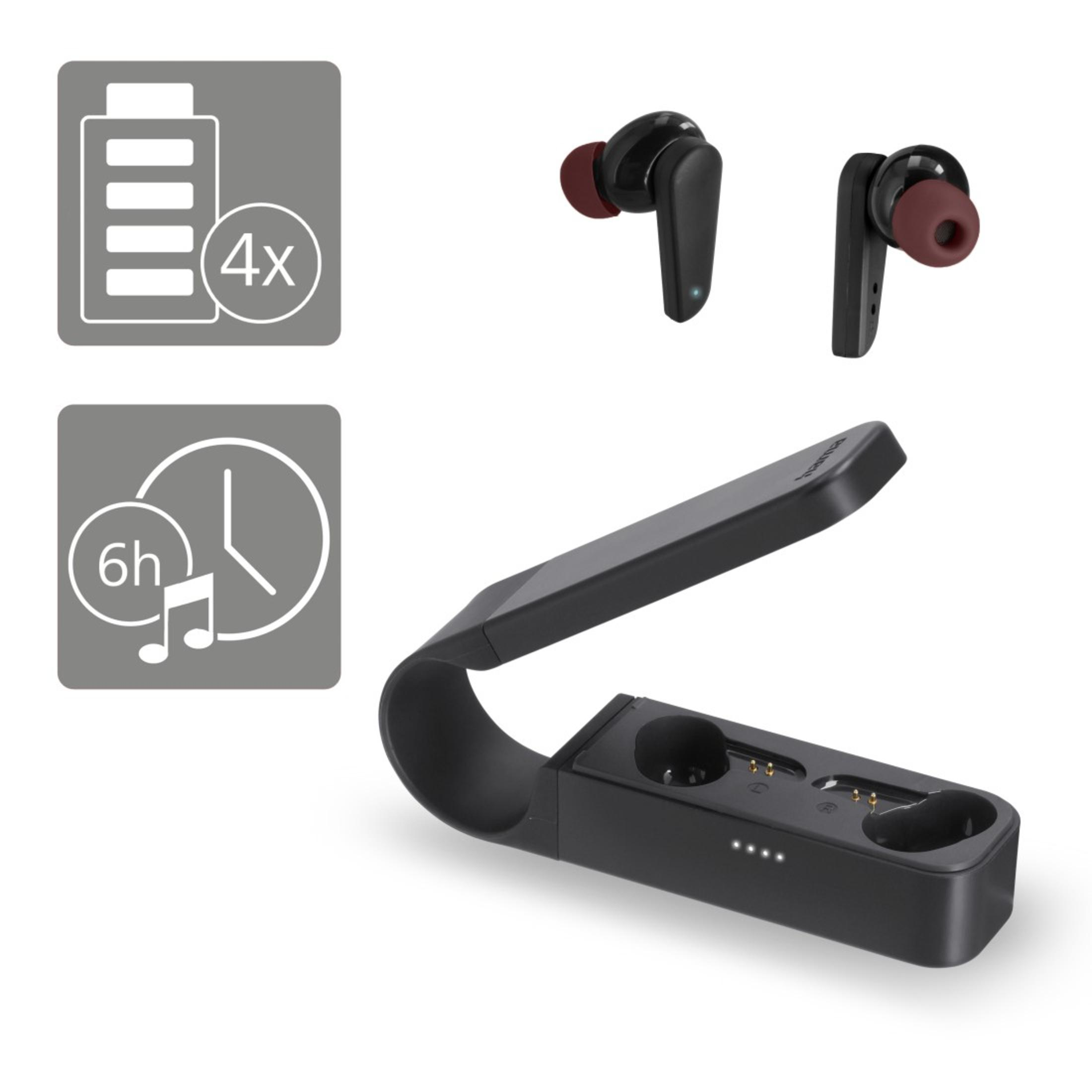 Auricolari neri con punte rosse, custodia di ricarica e icone di durata della batteria e utilizzo.