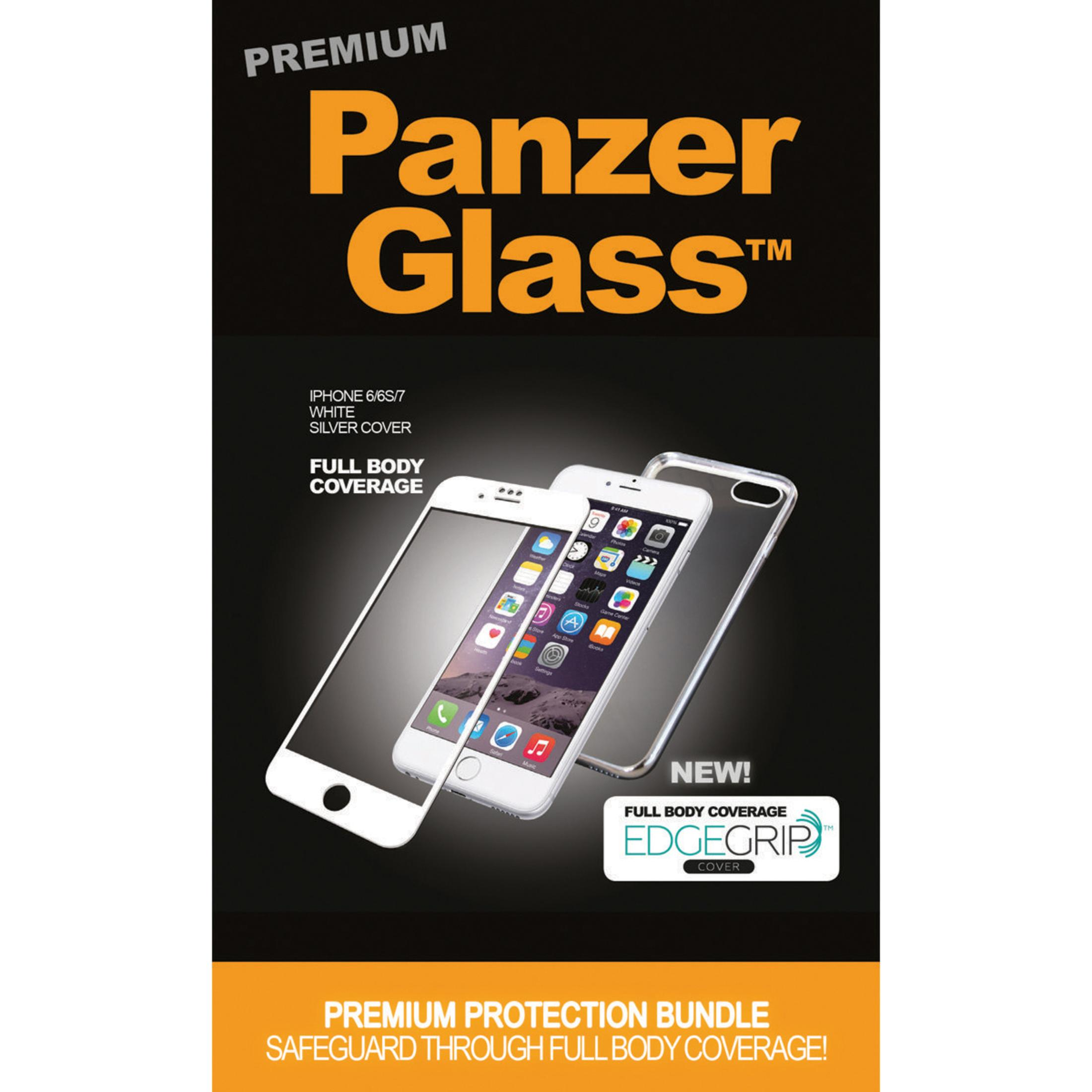 Eine Produktverpackung mit einem Telefon und einer transparenten Hülle. Text: Panzer Glass, Full Body Coverage, iPhone 6&6S/7.