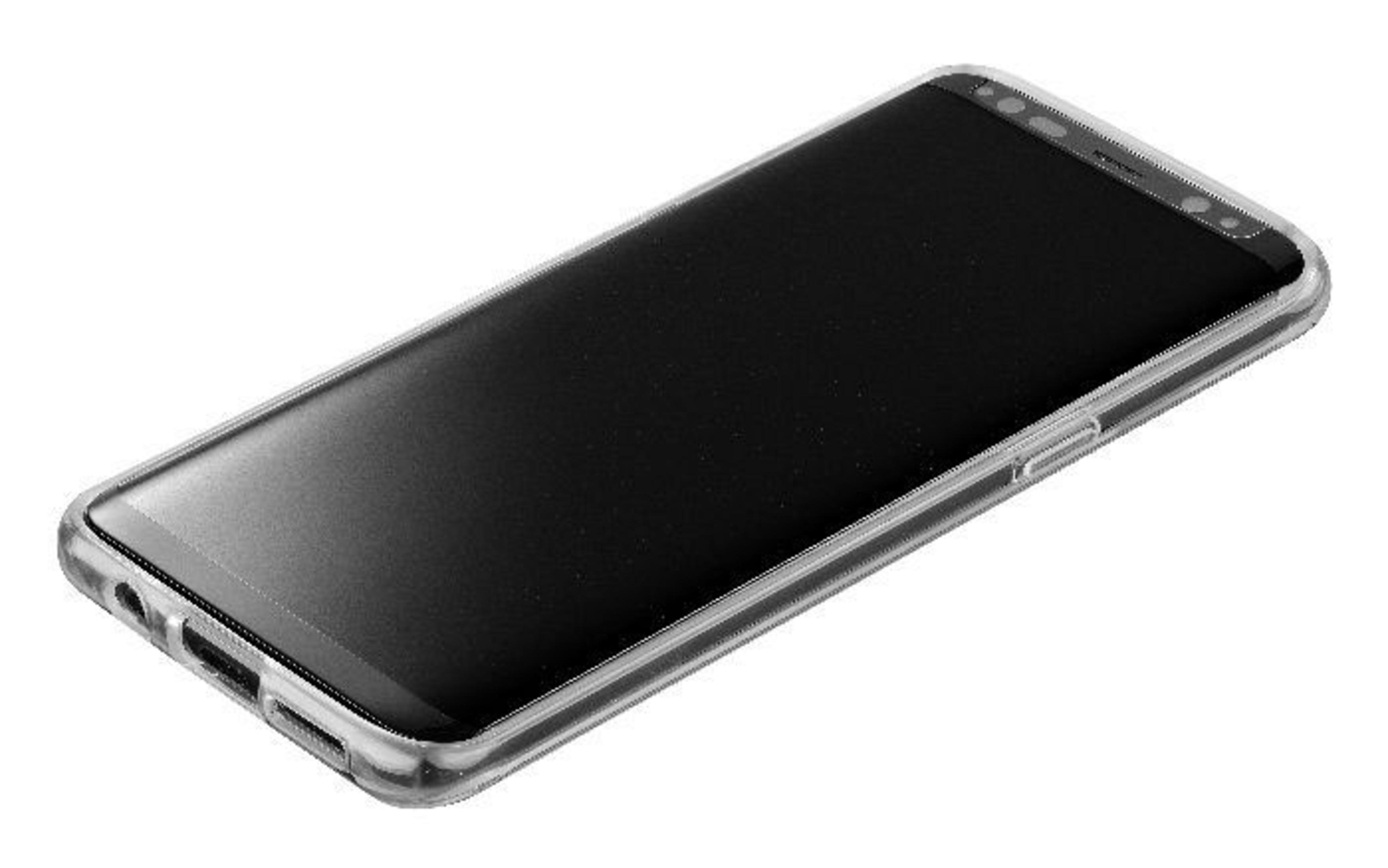 Una custodia trasparente per telefono, che mostra il telefono all'interno. Il telefono è nero.
