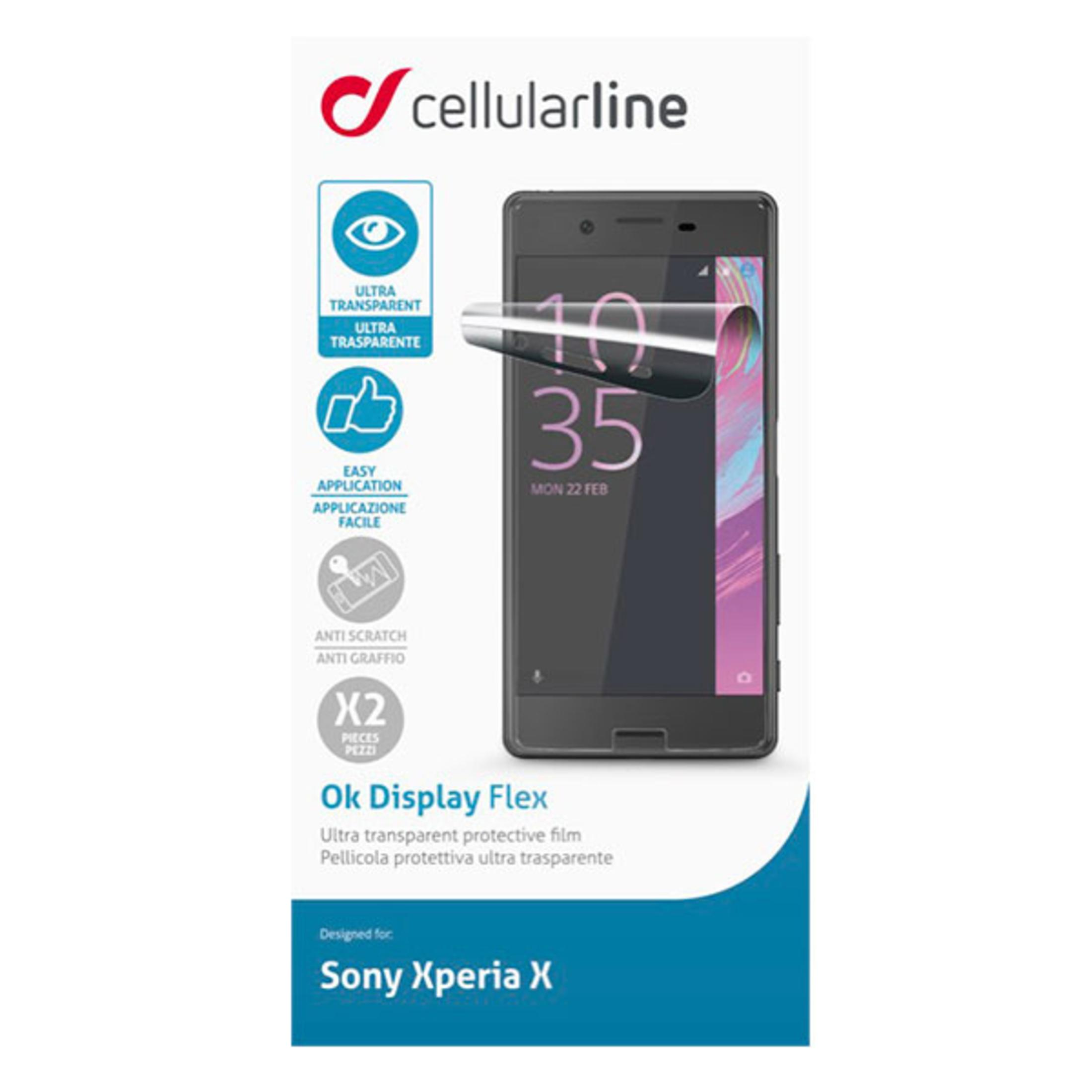 Un telefono con protezione schermo e testo: Ok Display Flex. Progettato per Sony Xperia X.