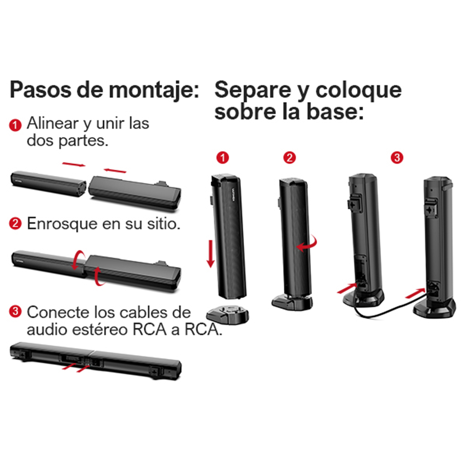 Instrucciones de montaje de un sistema de altavoces, que muestran las piezas y los pasos de conexión.