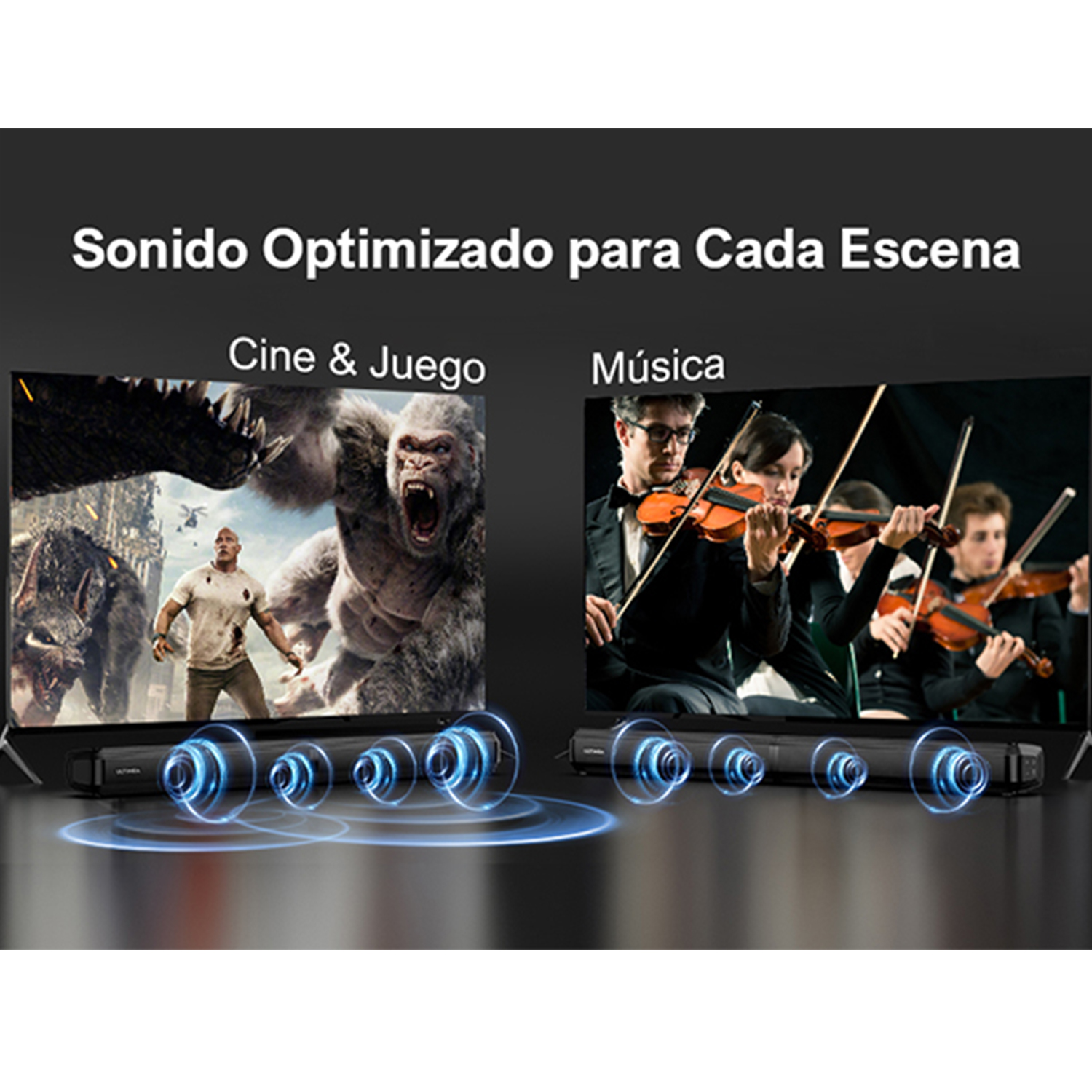 Dos televisores mostrando escenas de una película y un concierto. Ondas de sonido saliendo de los altavoces.