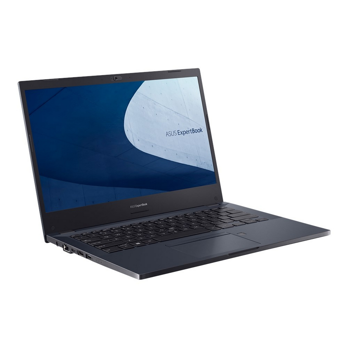Laptop nero su sfondo bianco, visto da un'angolazione, aperto, schermo blu.