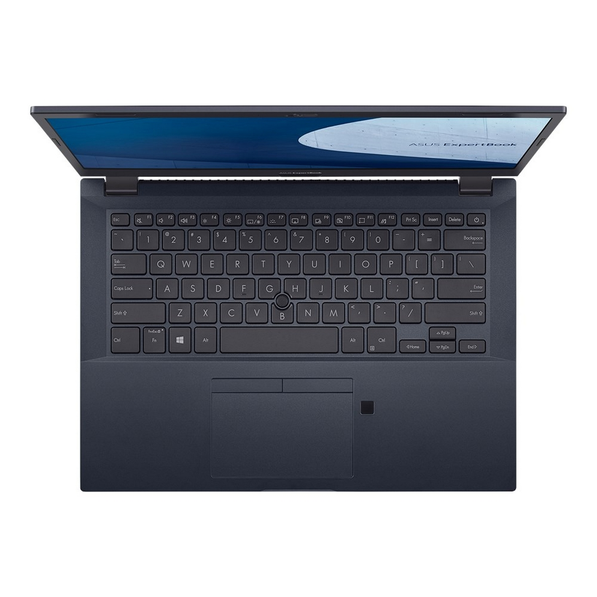 Laptop Asus ExpertBook, vista dall'alto. Colore blu scuro. Sfondo bianco. Schermo aperto.