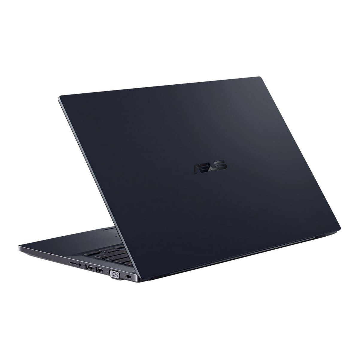 Laptop Asus ExpertBook da dietro. Colore blu scuro. Il logo Asus è visibile. Sfondo bianco.