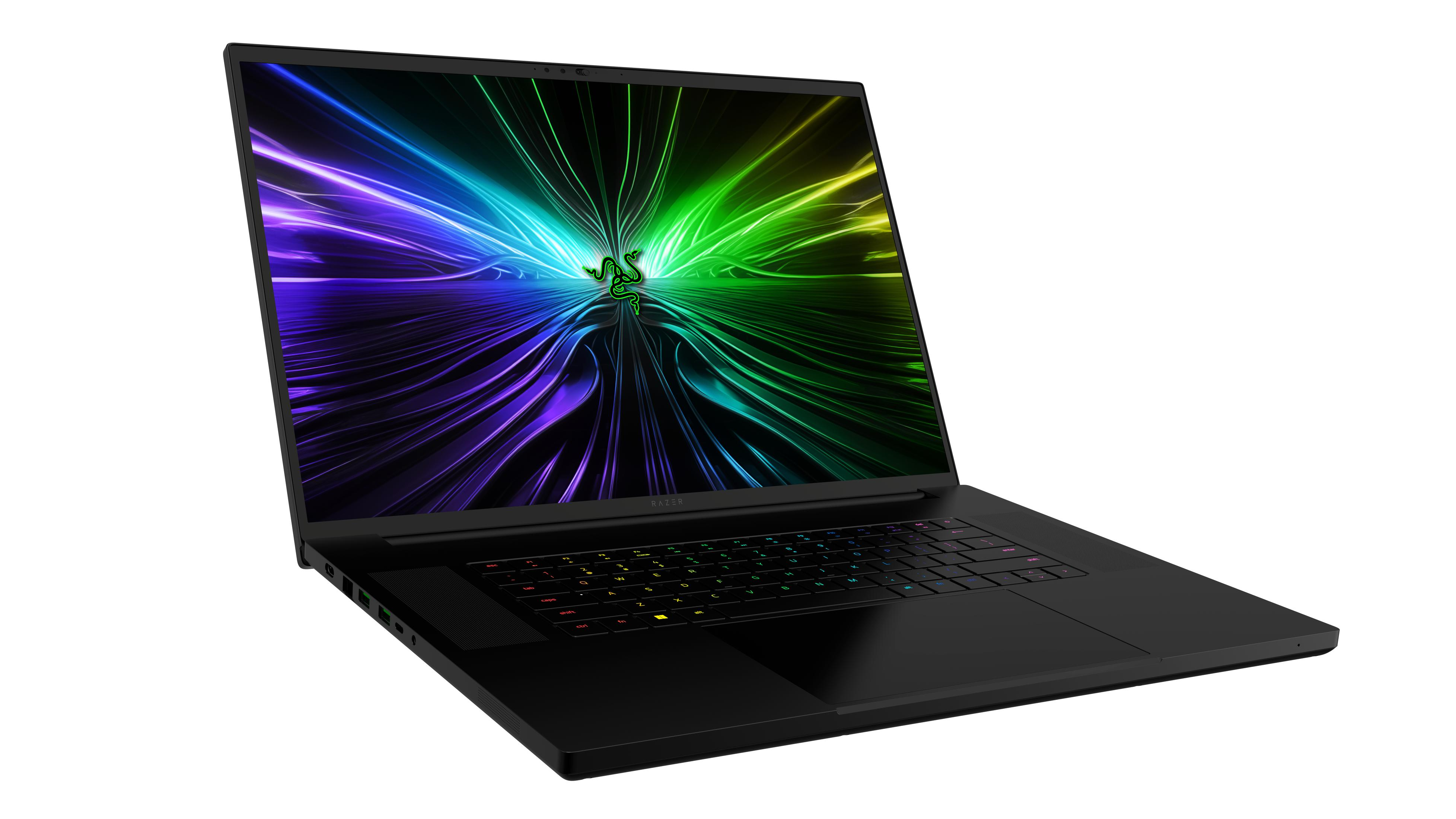 Schwarzer Laptop mit farbenfrohem Bildschirm, schräge Ansicht.
