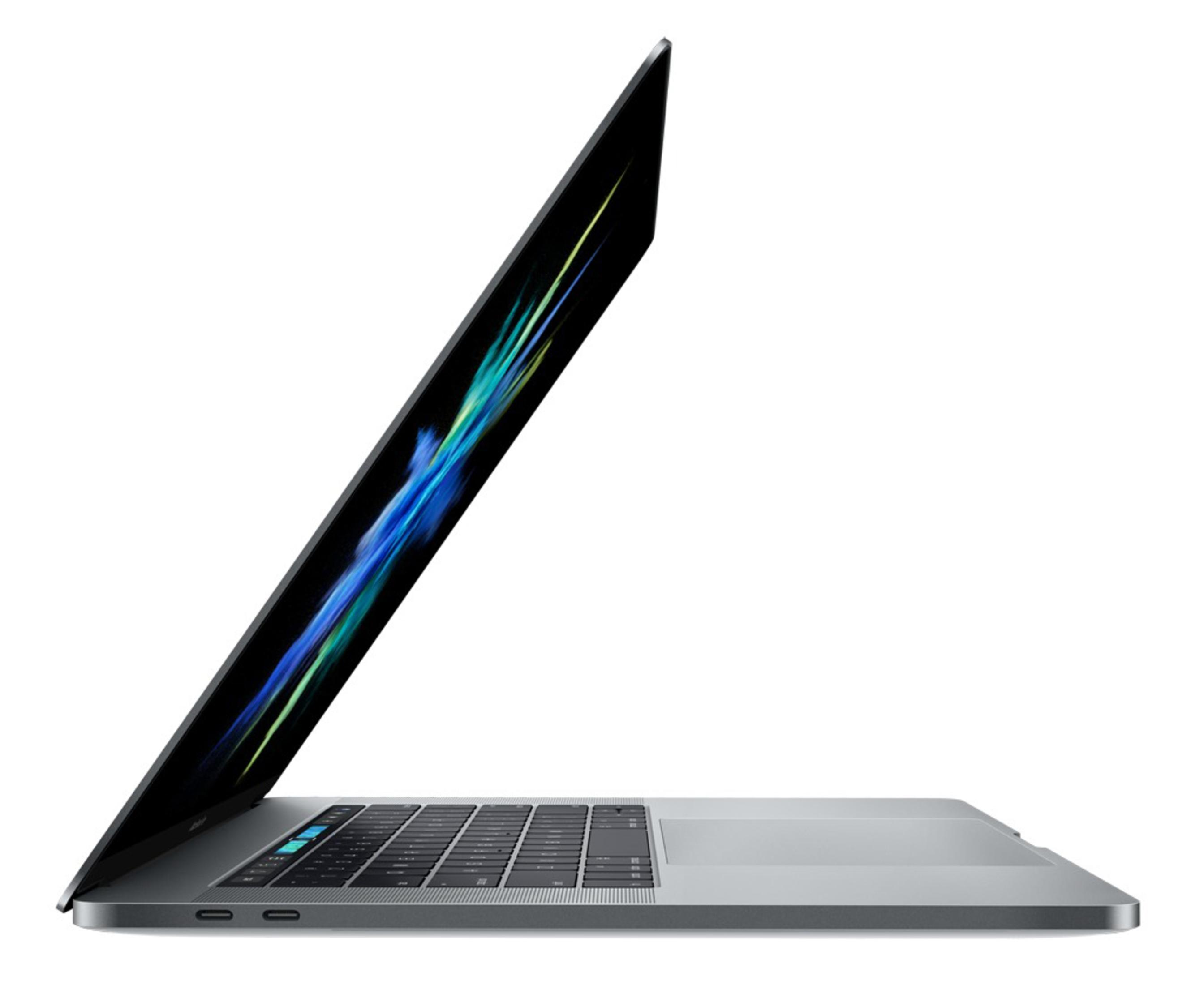 Silberner Laptop, geöffnet, schräge Ansicht. Schwarzer Bildschirm zeigt blaue und grüne Farben. Weißer Hintergrund.
