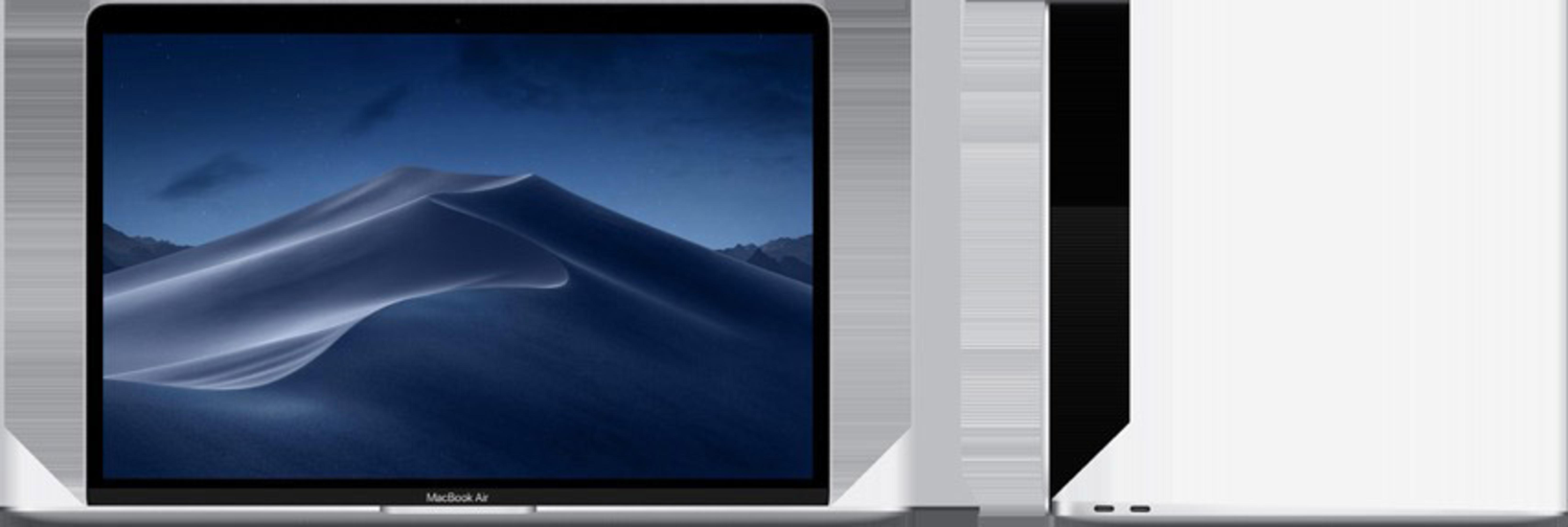 Biały MacBook Air, otwarty, z krajobrazem pustyni na ekranie. Widok z boku pokazuje zamknięty laptop.