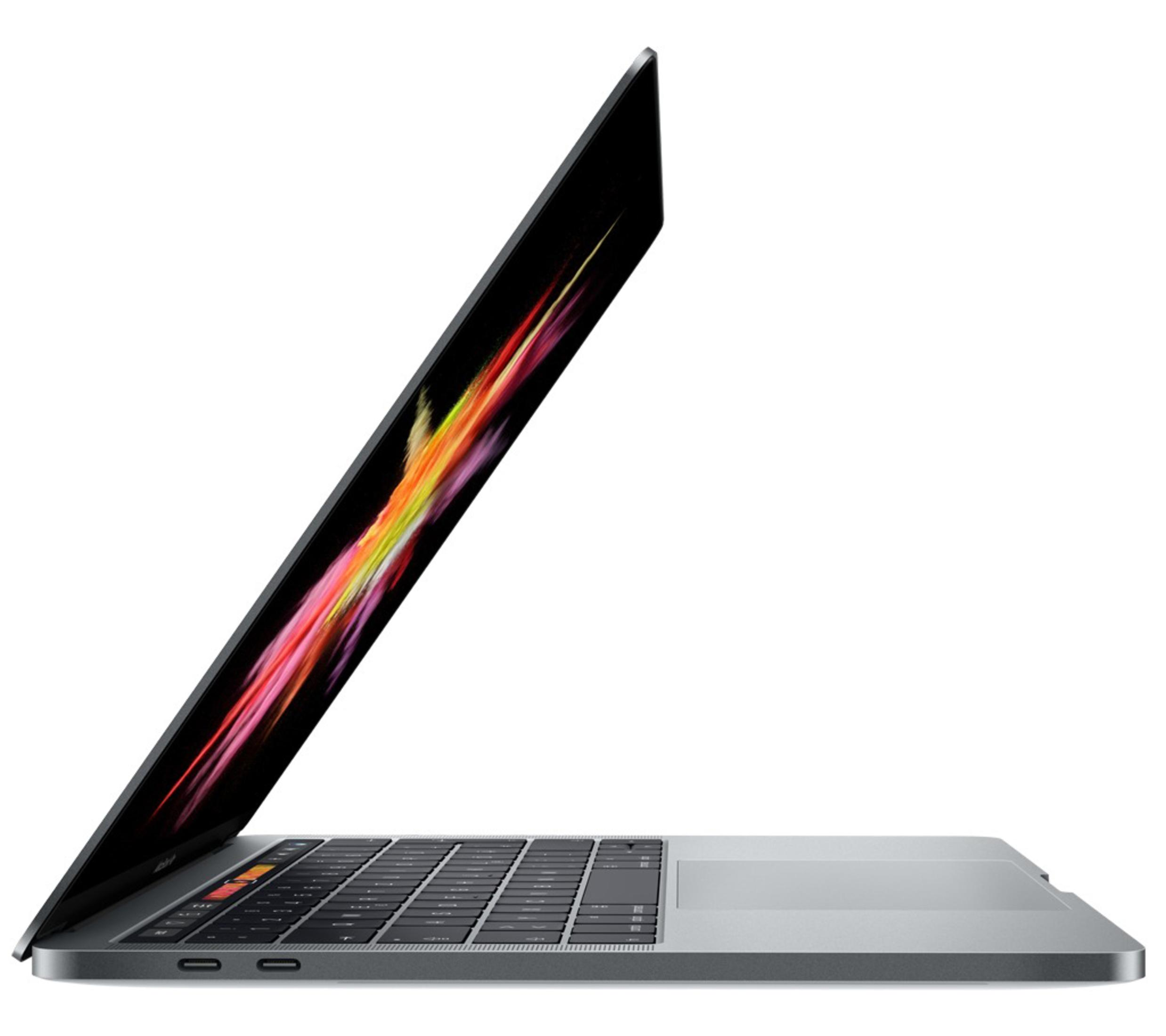 Silberner Laptop, Seitenansicht, offen, Bildschirm zeigt Farbexplosion.