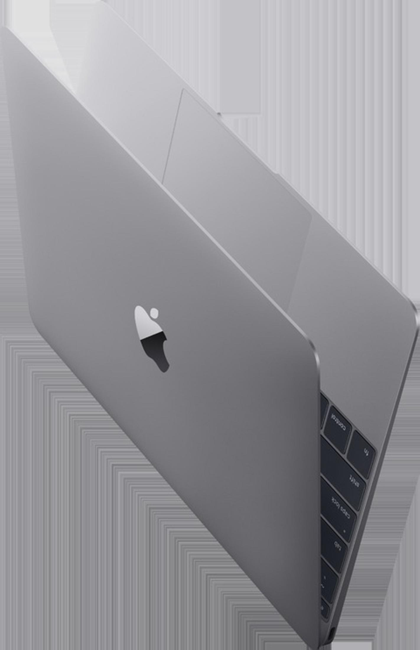 Szary laptop na szarej powierzchni, widok z boku, widoczne logo Apple.