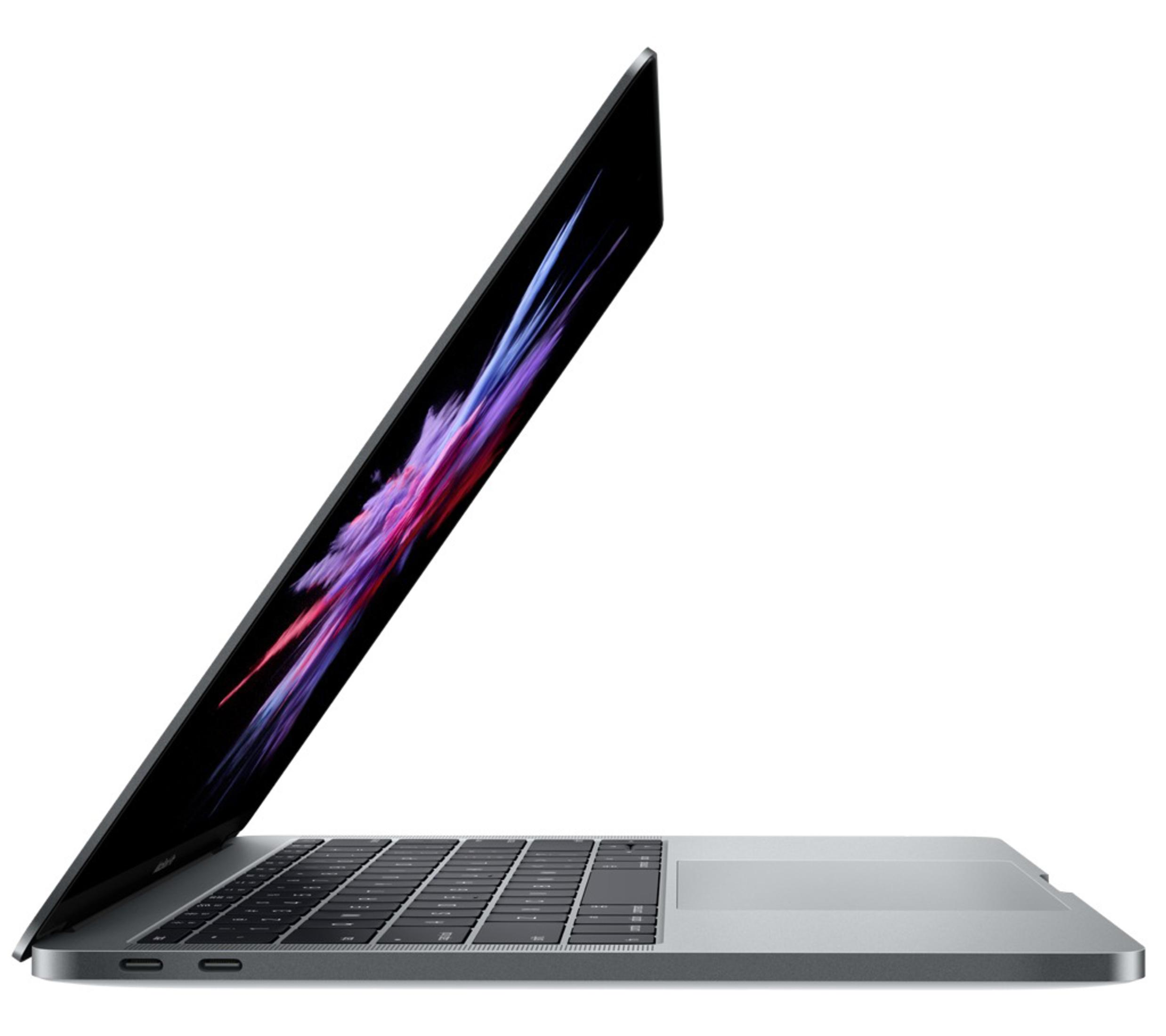 Ein silberner Laptop ist angewinkelt geöffnet. Der Bildschirm zeigt ein farbenfrohes abstraktes Design.