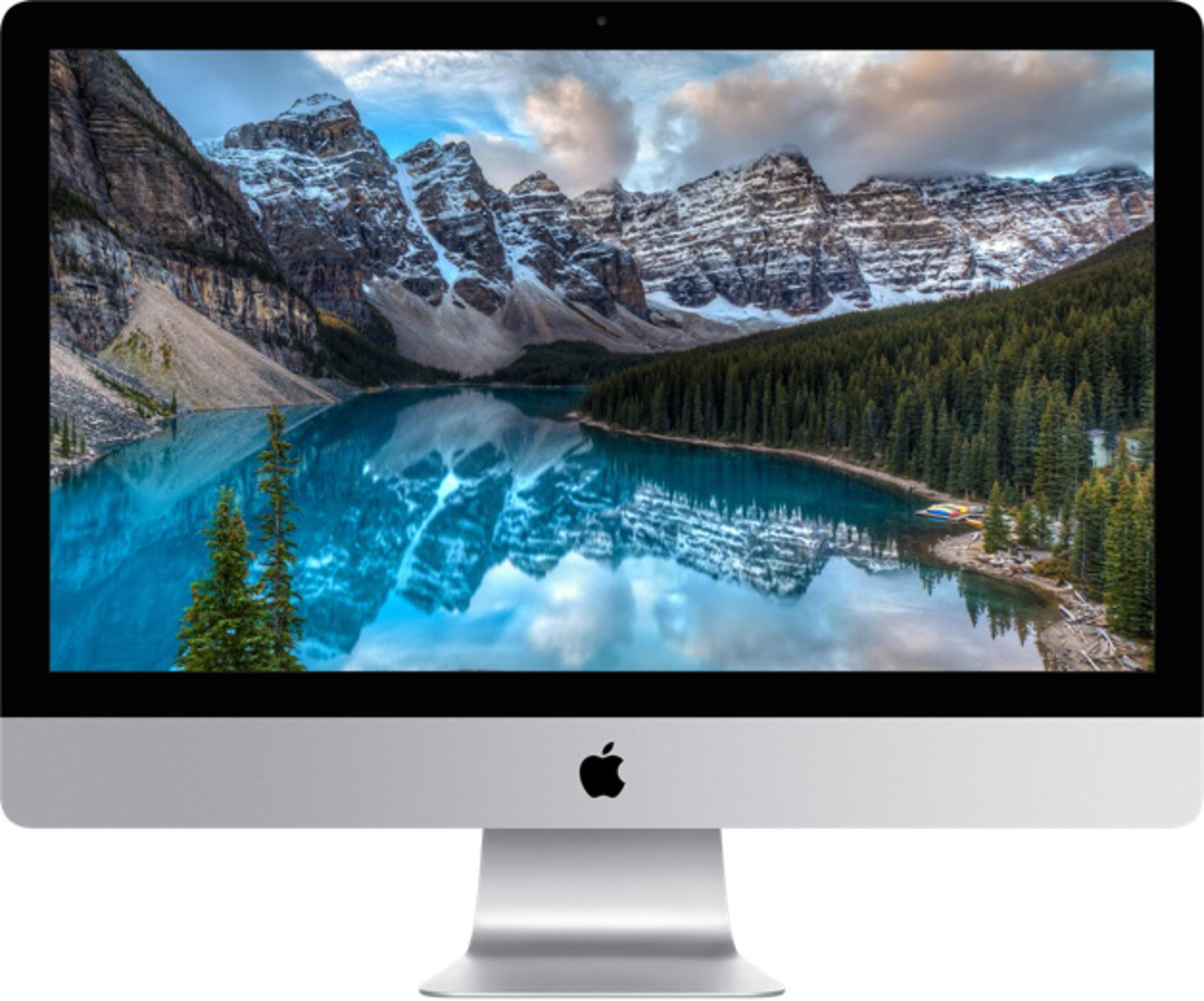Apple iMac wyświetla scenę jeziora z górami. Przód: srebrna podstawa. Tło: góry i niebo.