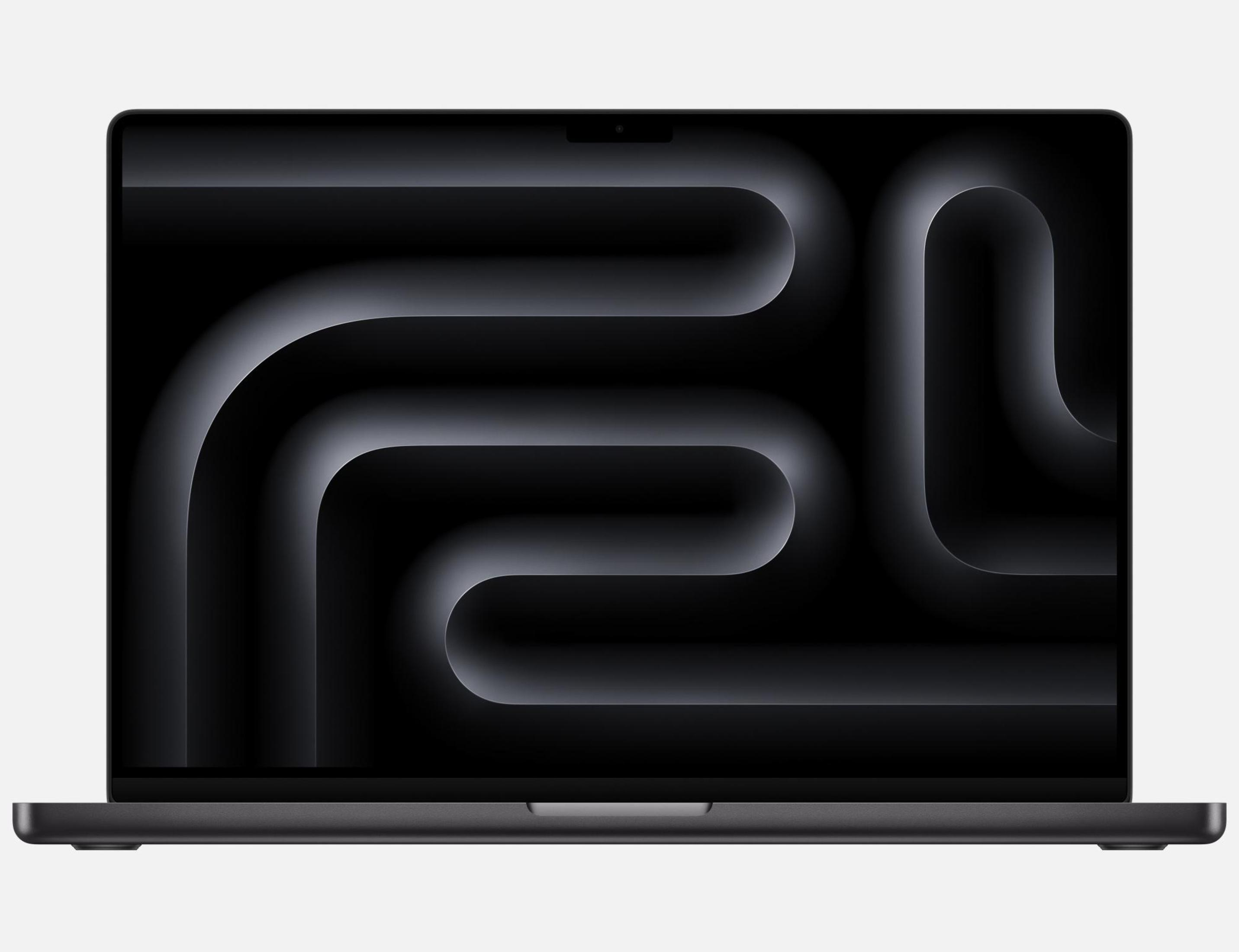 Schwarzes MacBook Pro geöffnet, zeigt ein abstraktes Design in Schwarz und Grau auf dem Bildschirm.