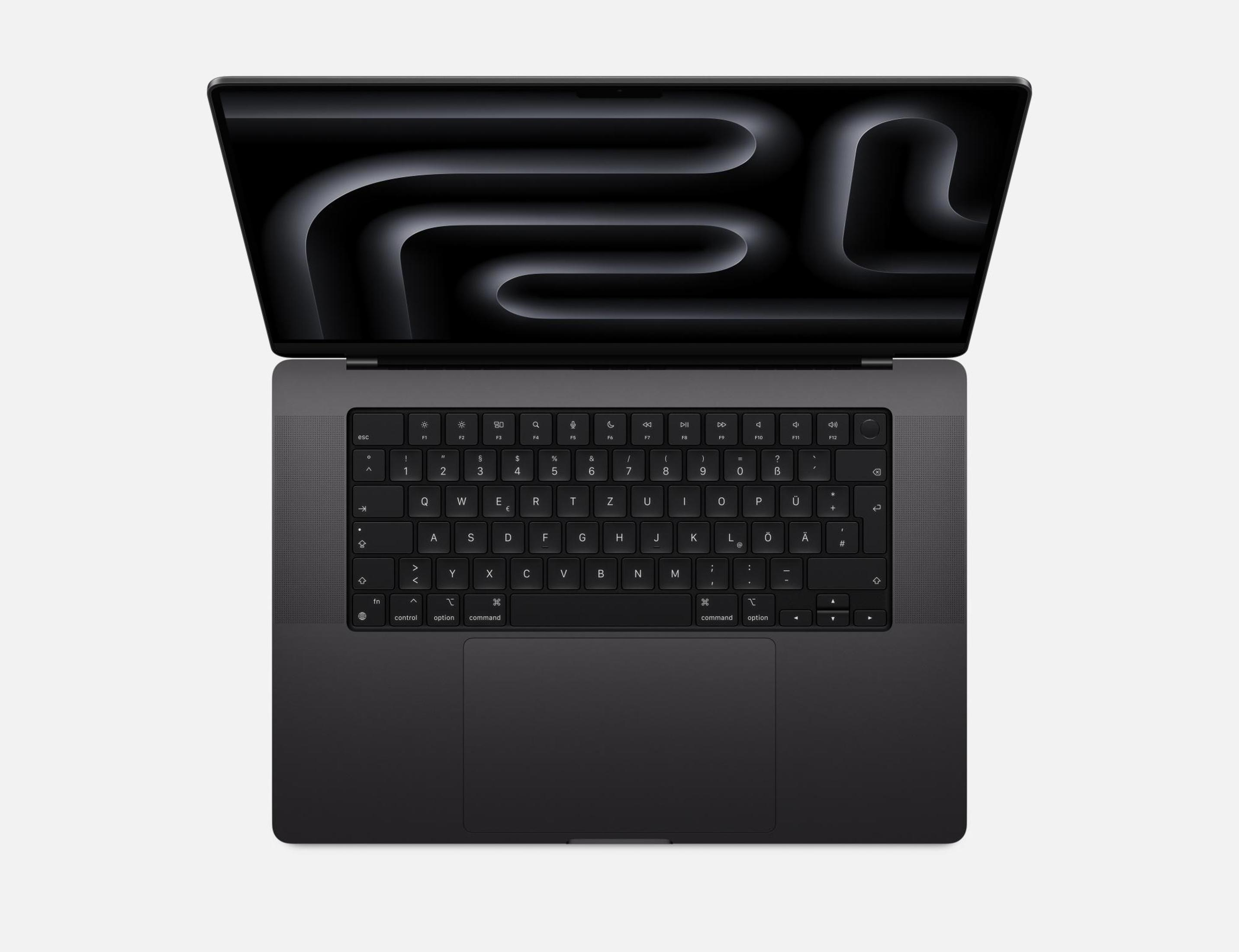 Schwarzer Laptop mit offenem Deckel, Tastatur sichtbar. Schwarzer Bildschirmhintergrund mit Design.