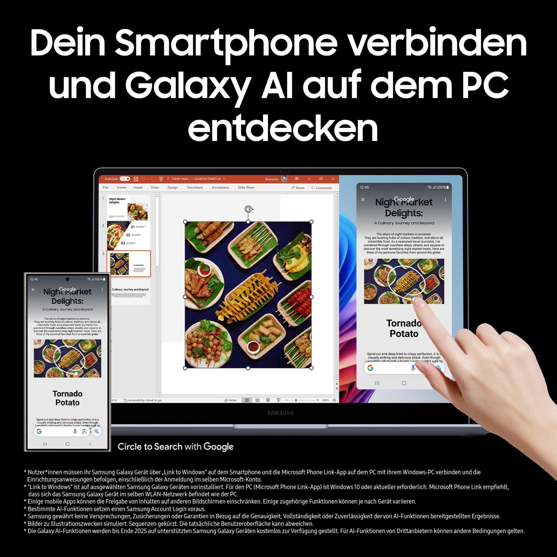 Ekran laptopa wyświetla prezentację jedzenia. Nagłówek: Dein Smartphone verbinden.