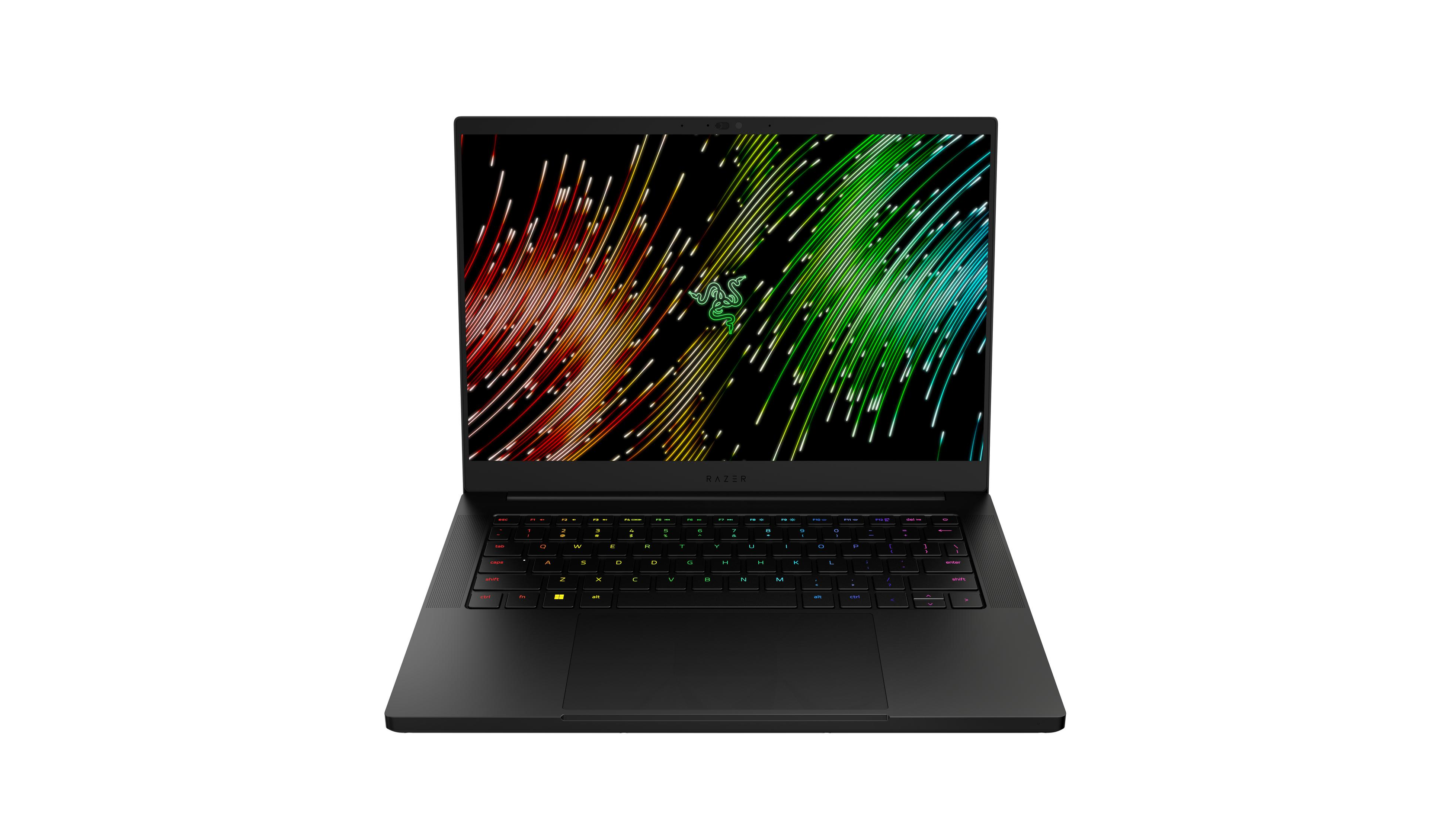 Schwarzer Razer Laptop mit farbiger Hintergrundbeleuchtung und Razer Logo. Weißer Hintergrund.