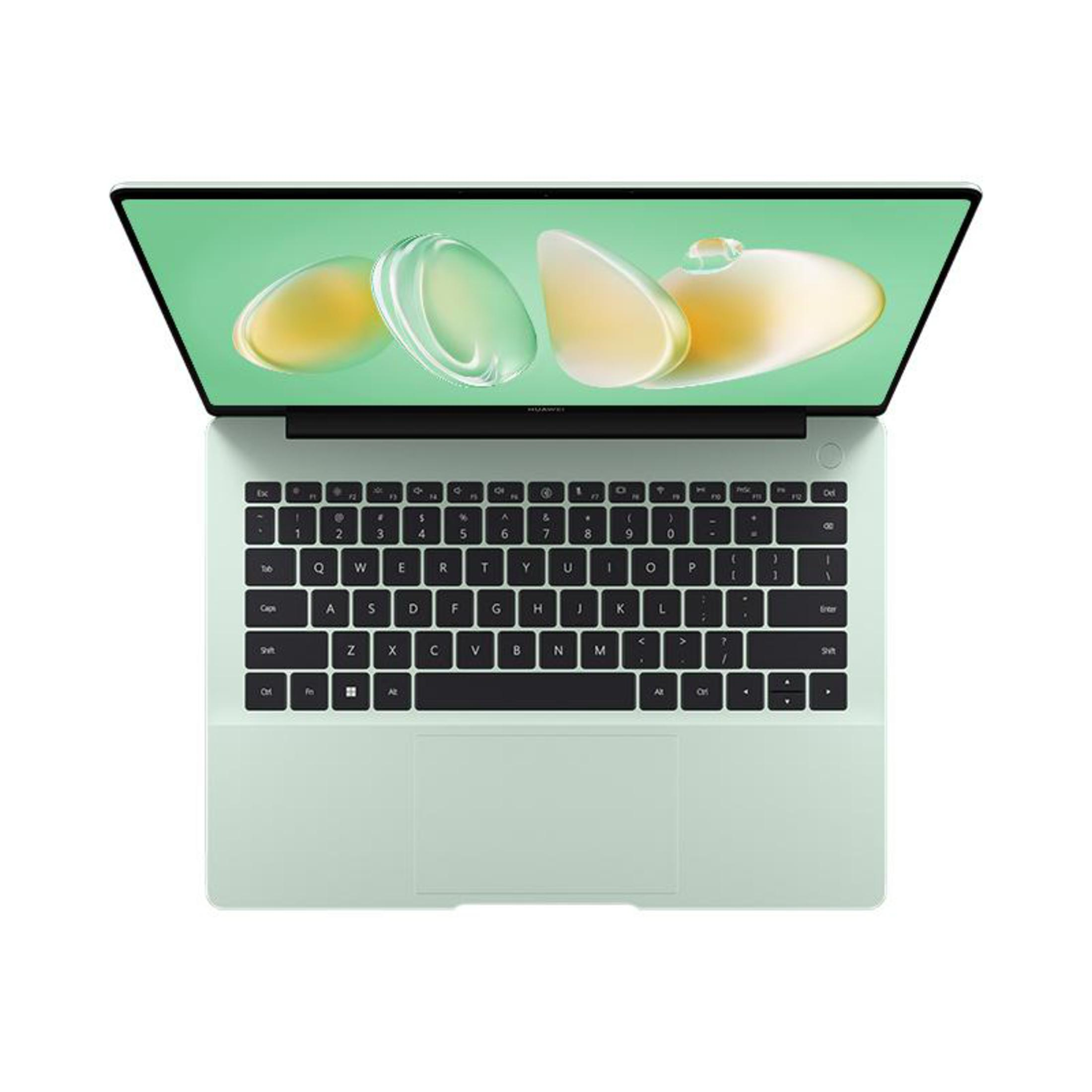Draufsicht auf einen geöffneten hellgrünen Laptop, Tastatur und Bildschirm sichtbar.