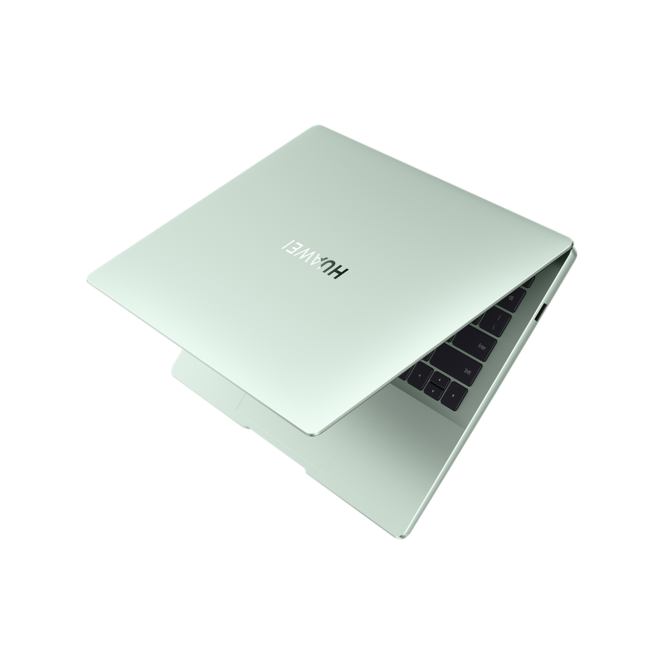 Grüner Laptop, Draufsicht, leicht geöffnet, auf weißer Oberfläche. Das Huawei-Logo ist sichtbar.