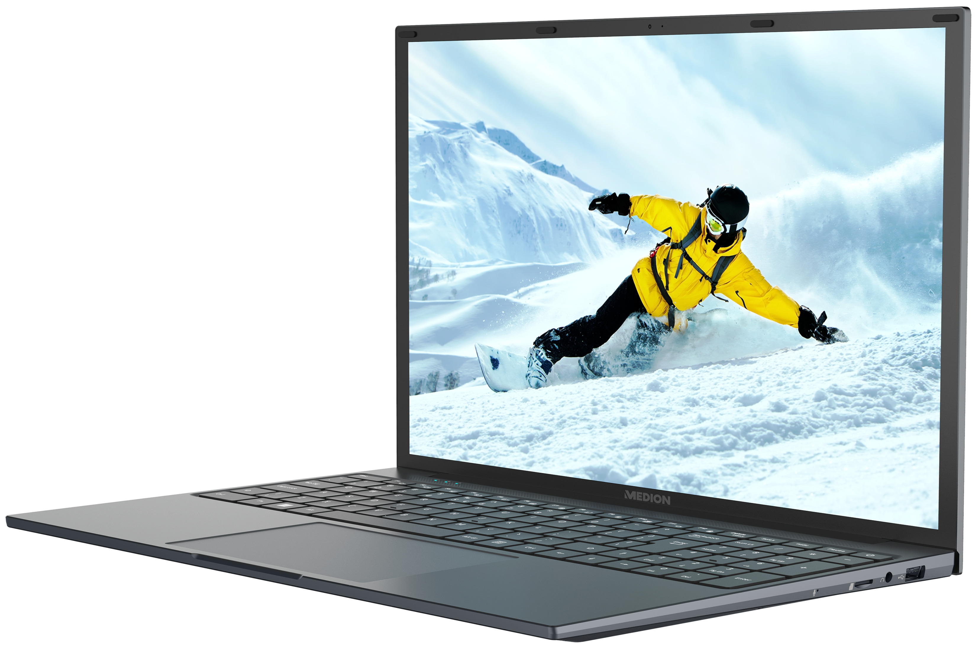 Medion Laptop mit Snowboarder auf schneebedecktem Berg. Der Laptop ist offen und grau.