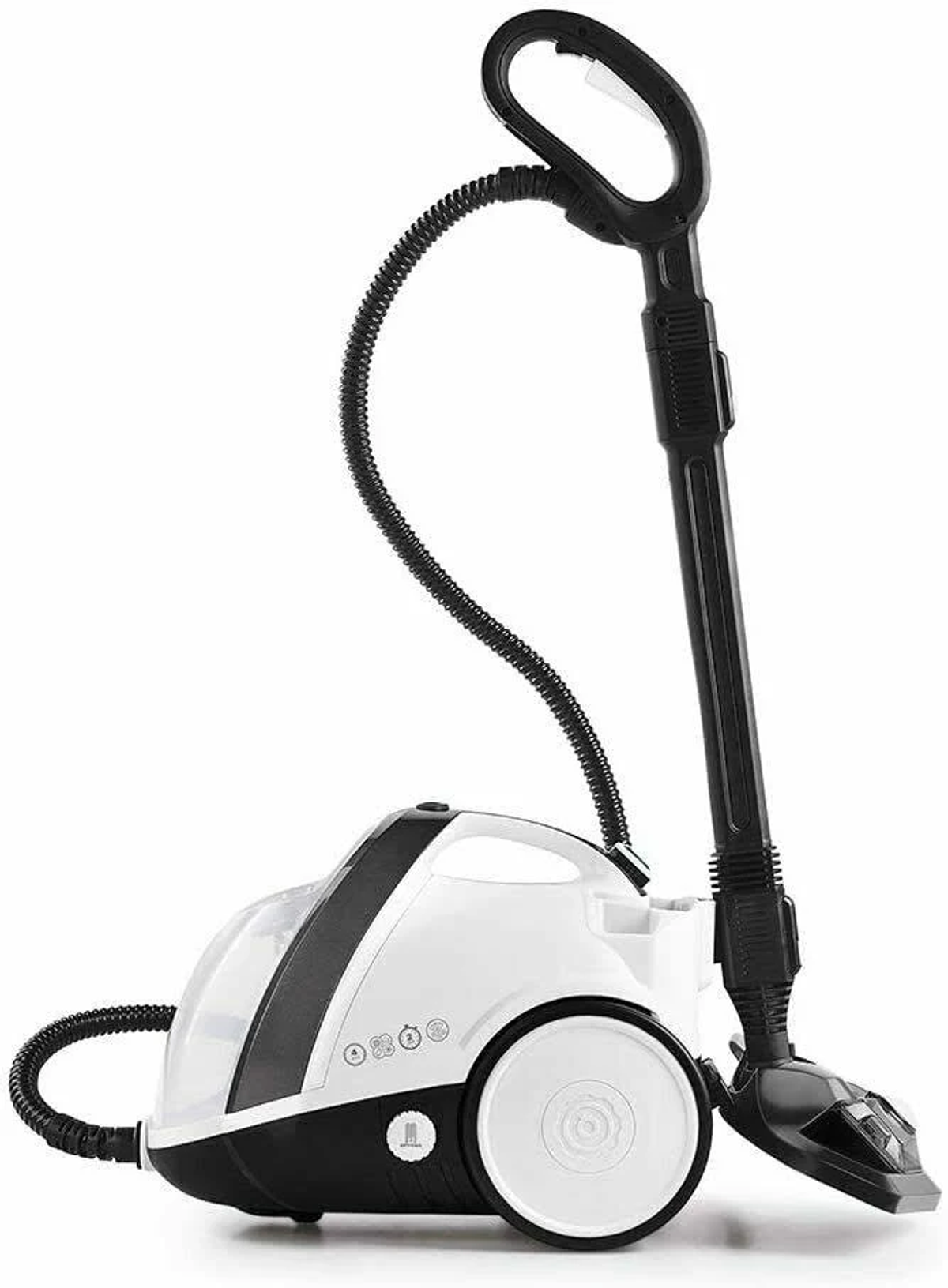 Pulitore a vapore bianco e nero con accessori.